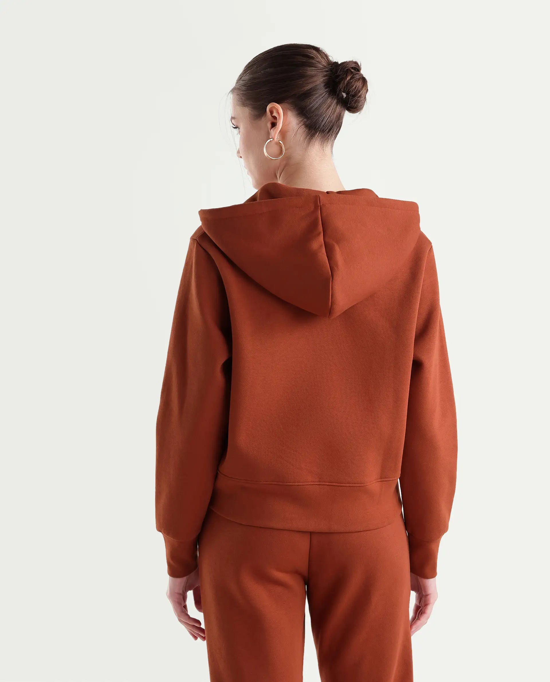Rareism Women's Pod-T Dark Orange Cotton Blend Zipper Regular Fit Hd Print Sweatshirt
