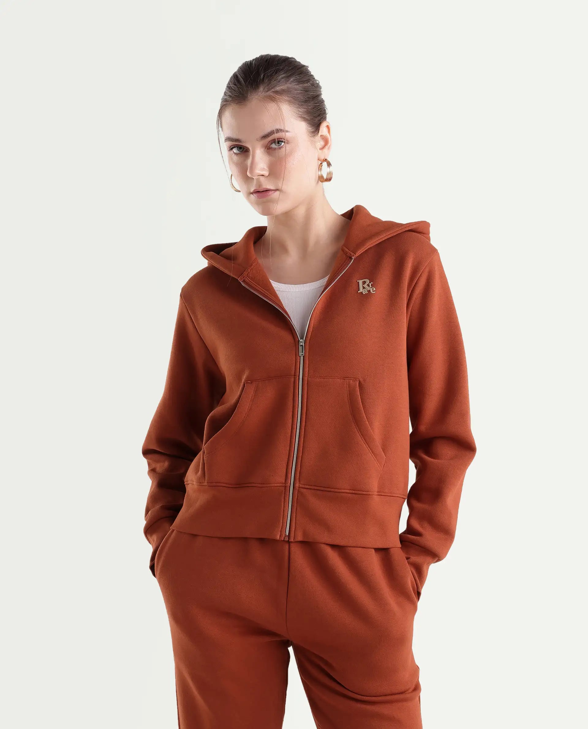 Rareism Women's Pod-T Dark Orange Cotton Blend Zipper Regular Fit Hd Print Sweatshirt