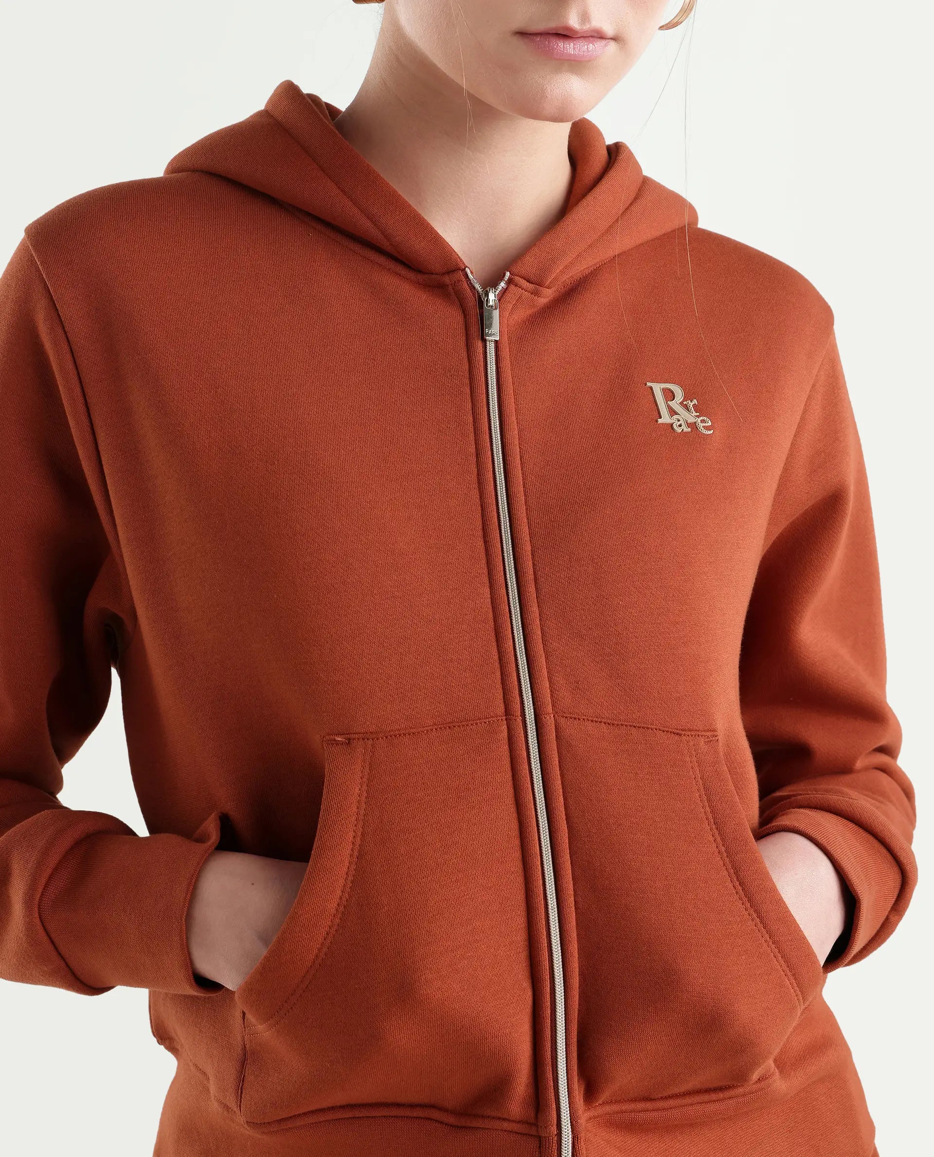 Rareism Women's Pod-T Dark Orange Cotton Blend Zipper Regular Fit Hd Print Sweatshirt