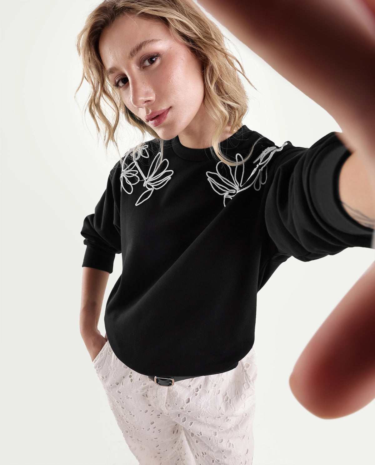 Rareism Women's Plat Black Cotton Blend Pull-On Relaxed Fit Floral Print Sweatshirt - image 1