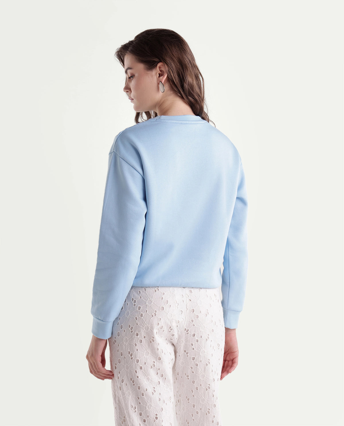 Rareism Women's Pigmy Light Blue Cotton Blend Relaxed Fit Embroidered Sweatshirt