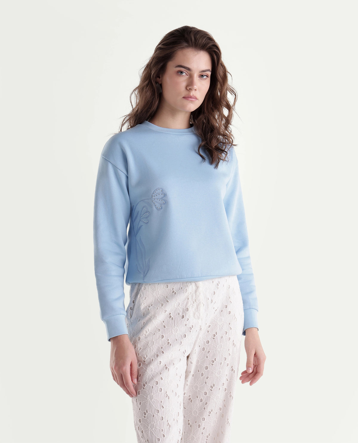 Rareism Women's Pigmy Light Blue Cotton Blend Relaxed Fit Embroidered Sweatshirt