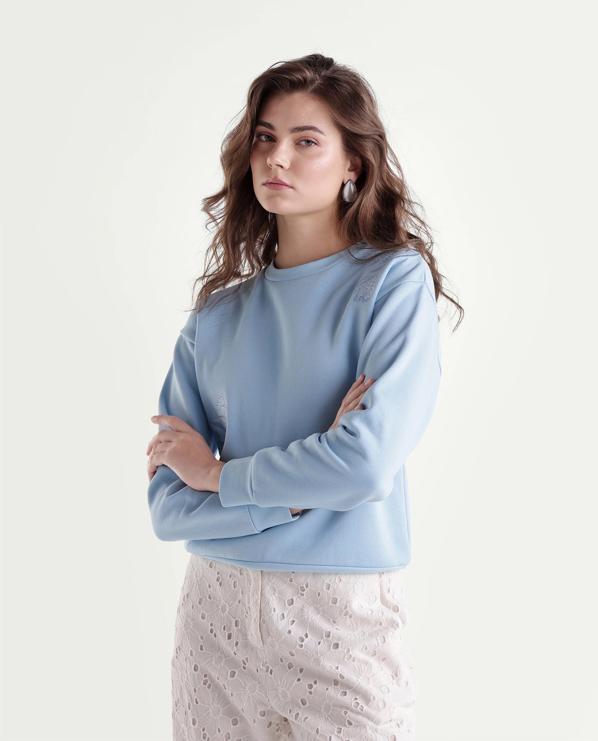 Rareism Women's Pigmy Light Blue Cotton Blend Relaxed Fit Embroidered Sweatshirt