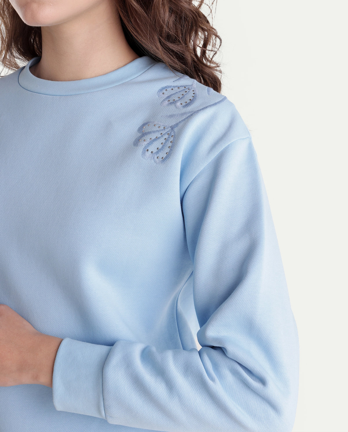 Rareism Women's Pigmy Light Blue Cotton Blend Relaxed Fit Embroidered Sweatshirt