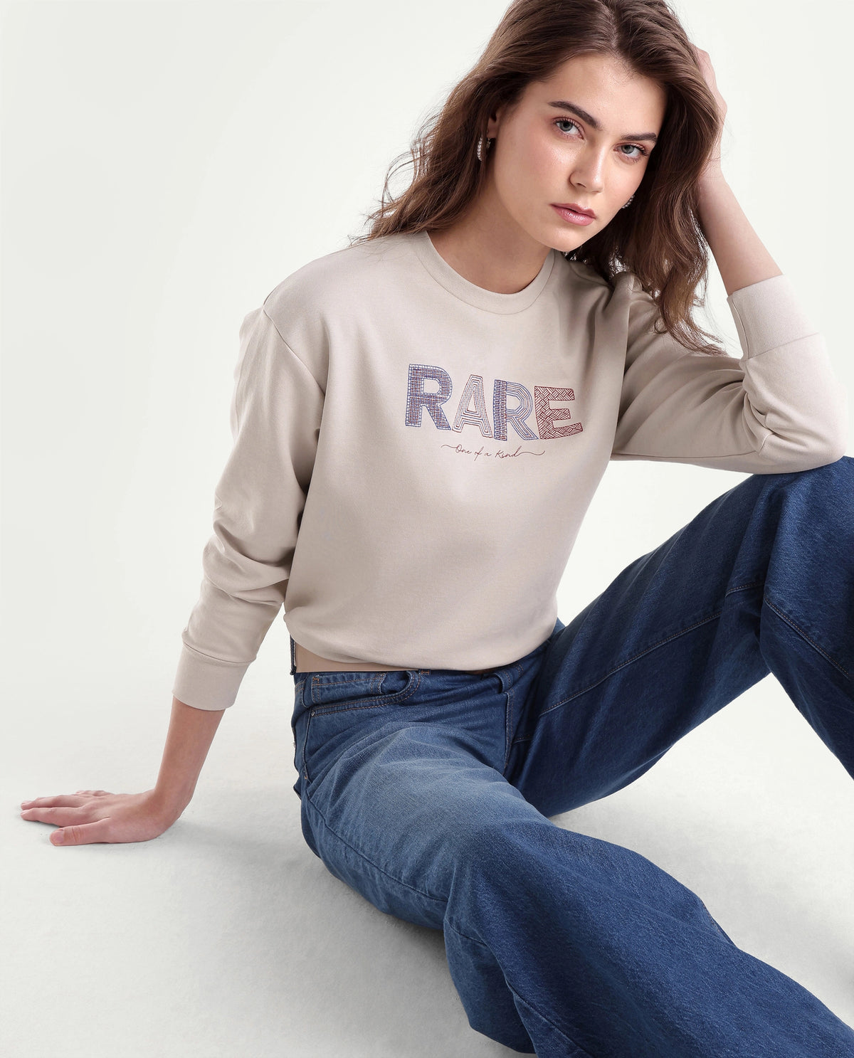 Rareism Women's Prize Light Beige Cotton Blend Relaxed Fit Embroidered Sweatshirt