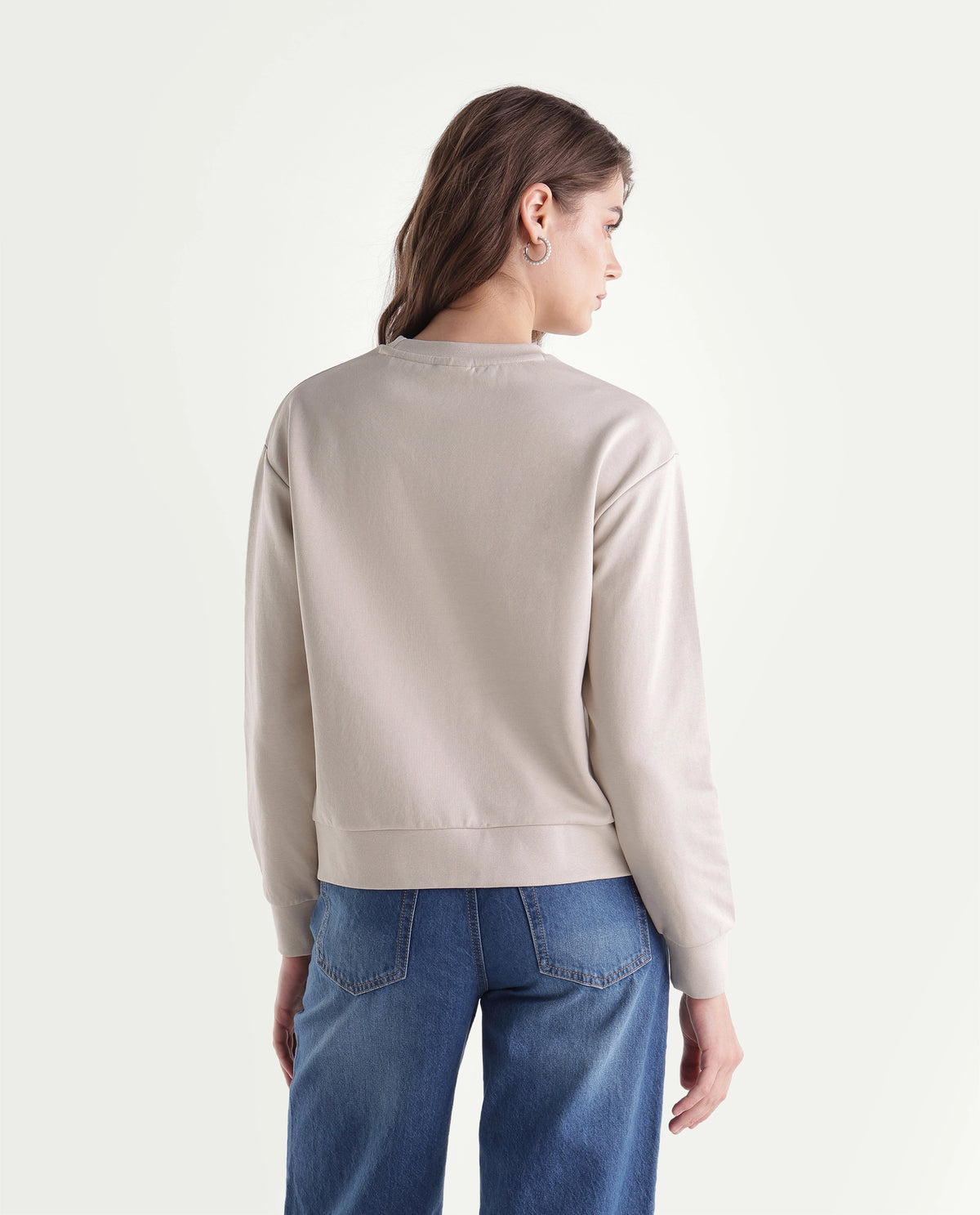 Rareism Women's Prize Light Beige Cotton Blend Relaxed Fit Embroidered Sweatshirt