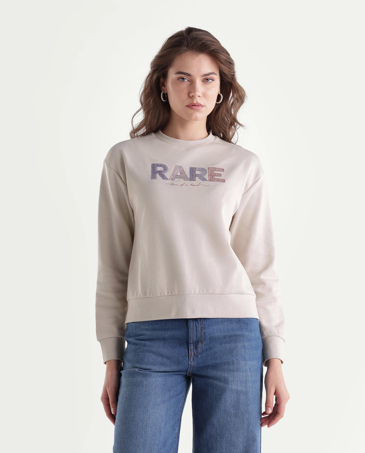 Rareism Women's Prize Light Beige Cotton Blend Relaxed Fit Embroidered Sweatshirt