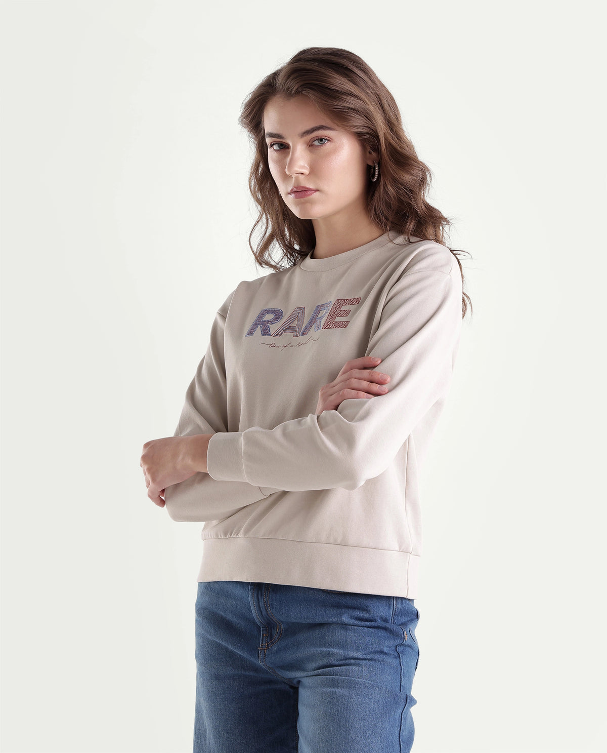 Rareism Women's Prize Light Beige Cotton Blend Relaxed Fit Embroidered Sweatshirt