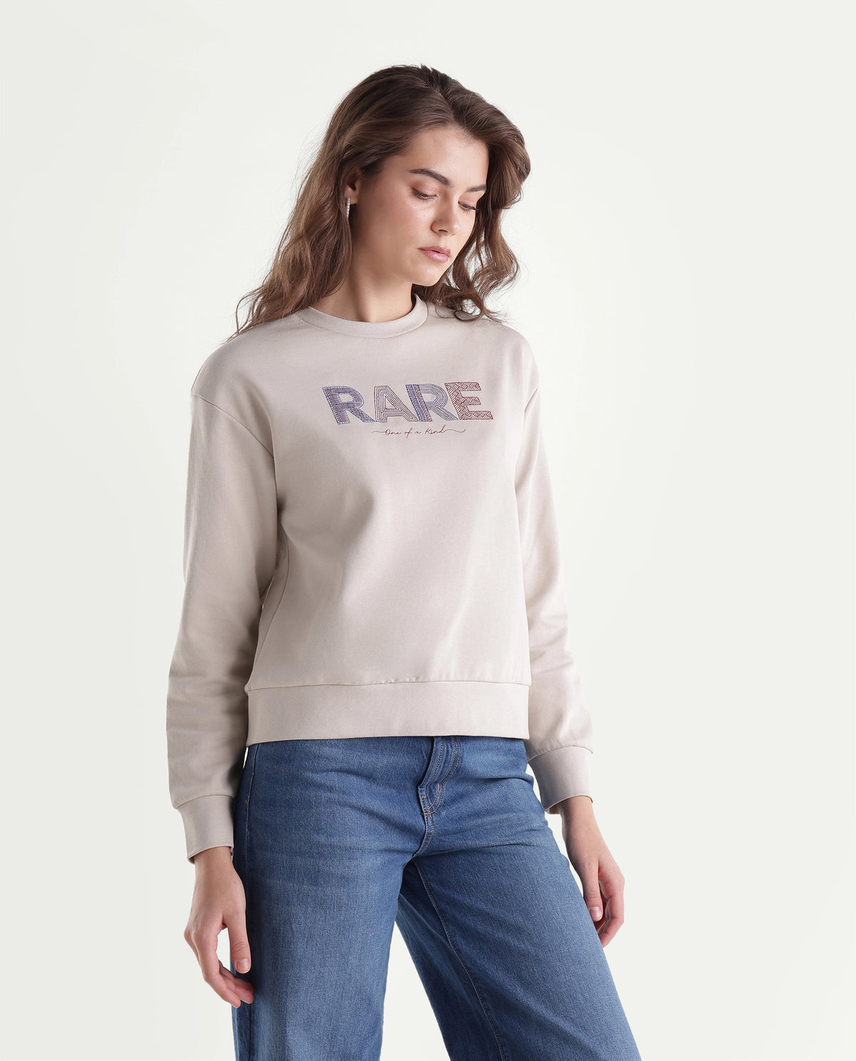 Rareism Women's Prize Light Beige Cotton Blend Relaxed Fit Embroidered Sweatshirt