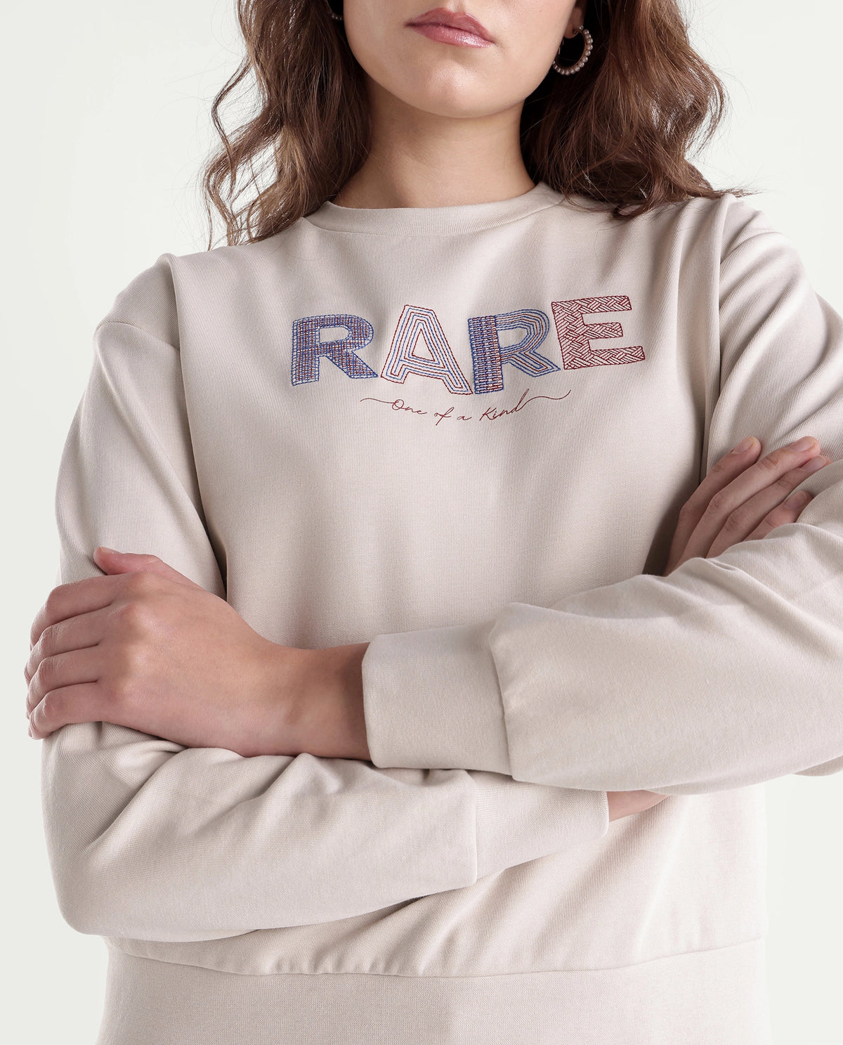 Rareism Women's Prize Light Beige Cotton Blend Relaxed Fit Embroidered Sweatshirt