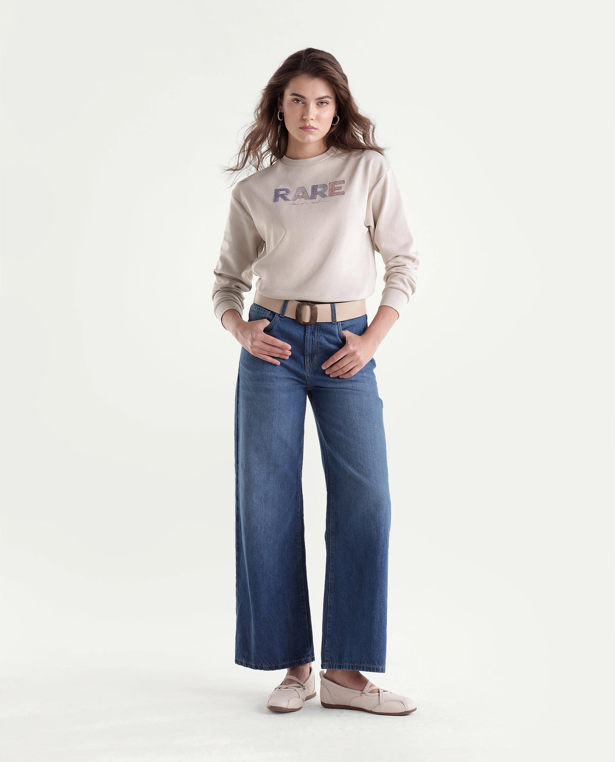 Rareism Women's Prize Light Beige Cotton Blend Relaxed Fit Embroidered Sweatshirt