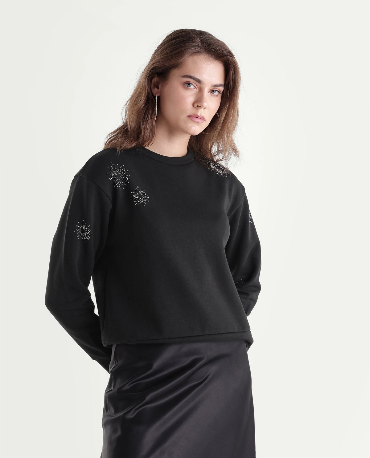 Rareism Women's Puff Black Cotton Blend Pull-On Relaxed Fit Printed Sweatshirt
