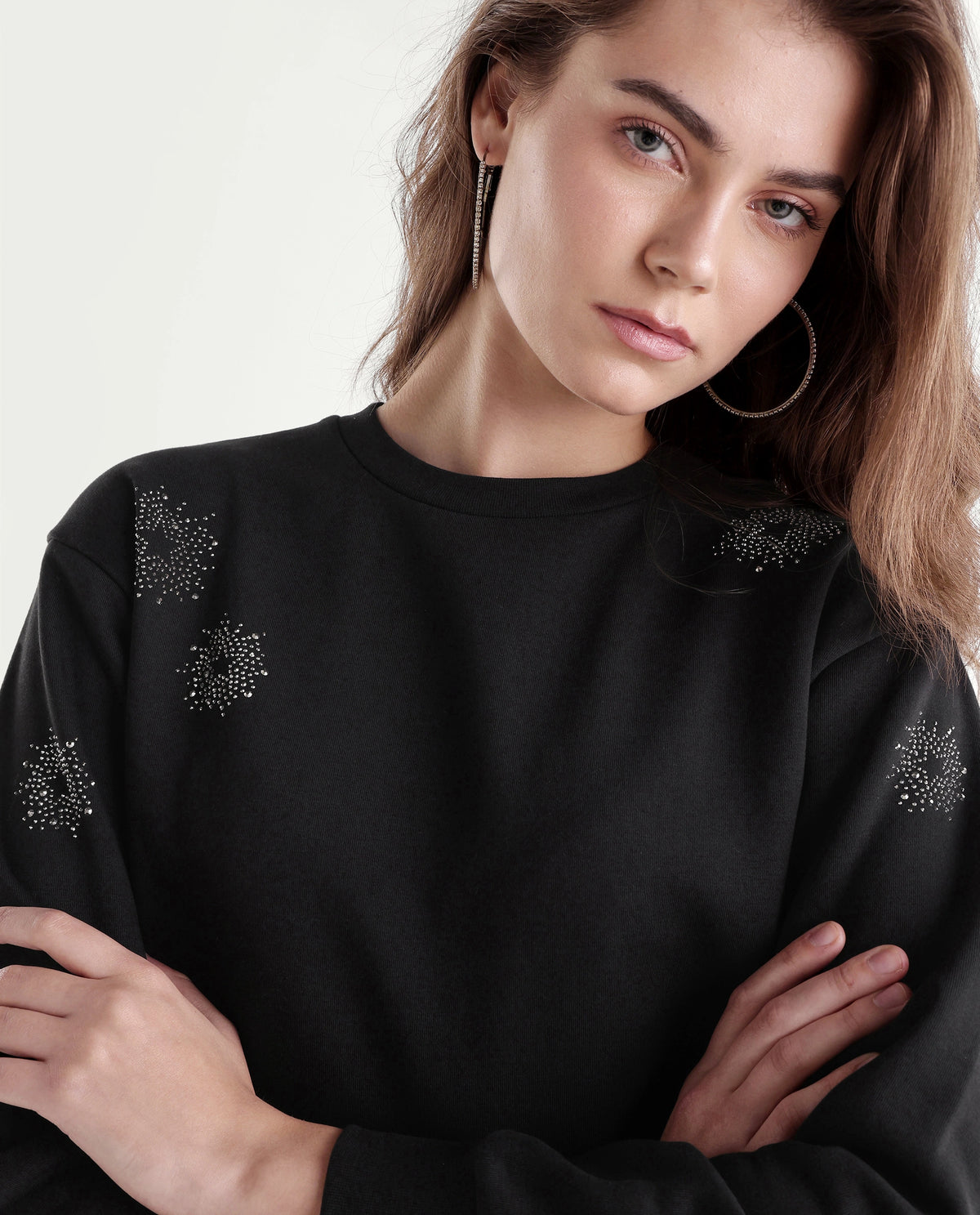 Rareism Women's Puff Black Cotton Blend Pull-On Relaxed Fit Printed Sweatshirt