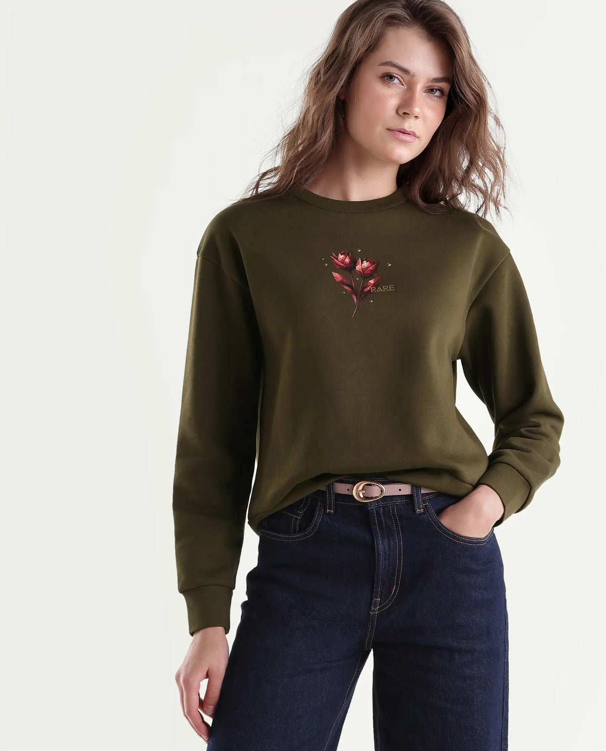 Rareism Women's Proxy Light Olive Cotton Blend Pull-On Relaxed Fit Printed Sweatshirt