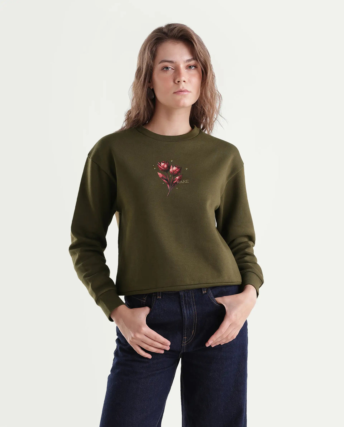 Rareism Women's Proxy Light Olive Cotton Blend Pull-On Relaxed Fit Printed Sweatshirt