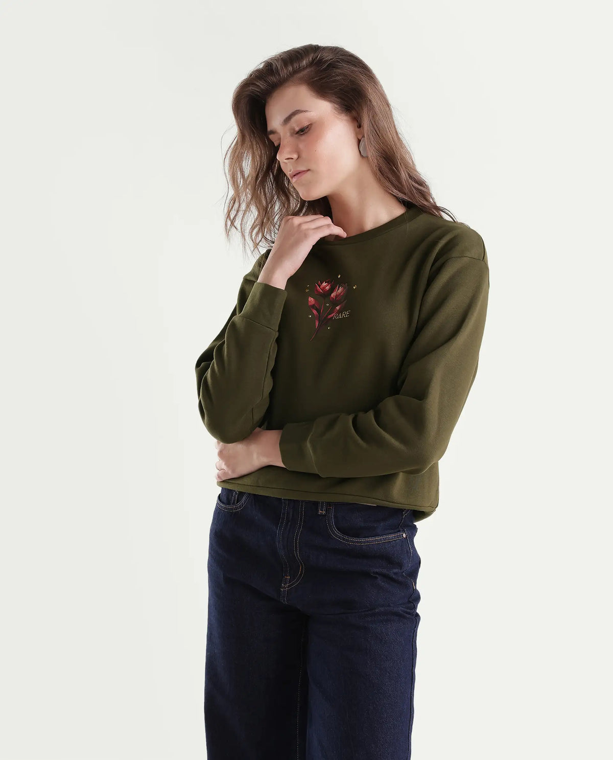 Rareism Women's Proxy Light Olive Cotton Blend Pull-On Relaxed Fit Printed Sweatshirt