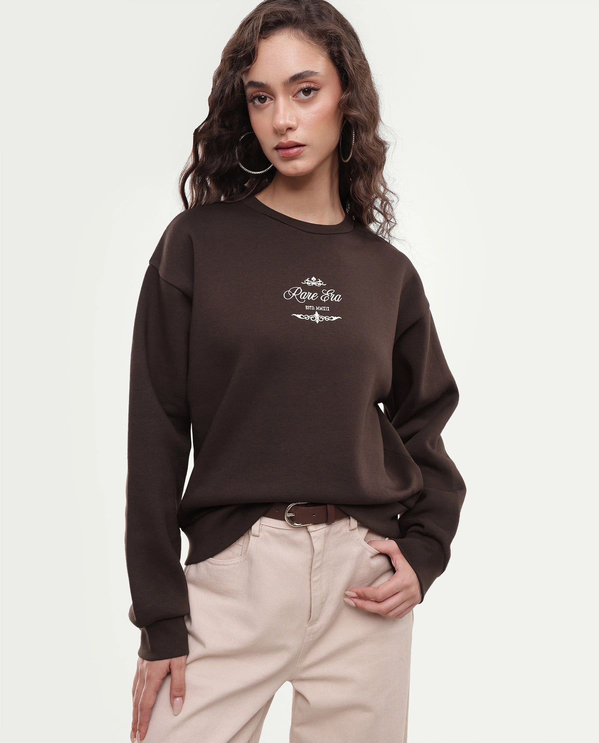 Rareism Women's Pivot Dark Brown Cotton Blend Pull-On Relaxed Fit Hd Print Sweatshirt