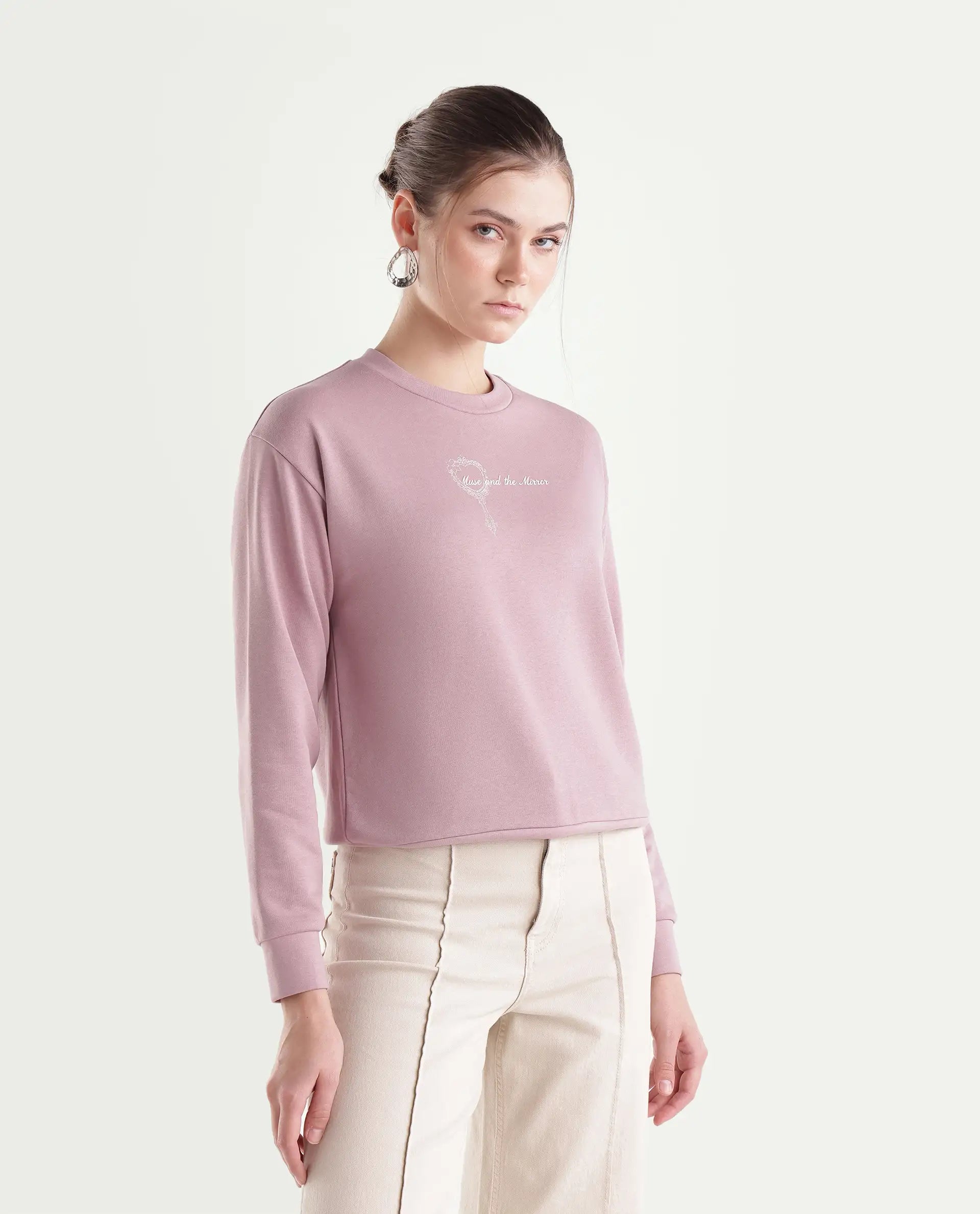 Rareism Women's Prim Dusky Pink Cotton Blend Pull-On Relaxed Fit Hd Print Sweatshirt