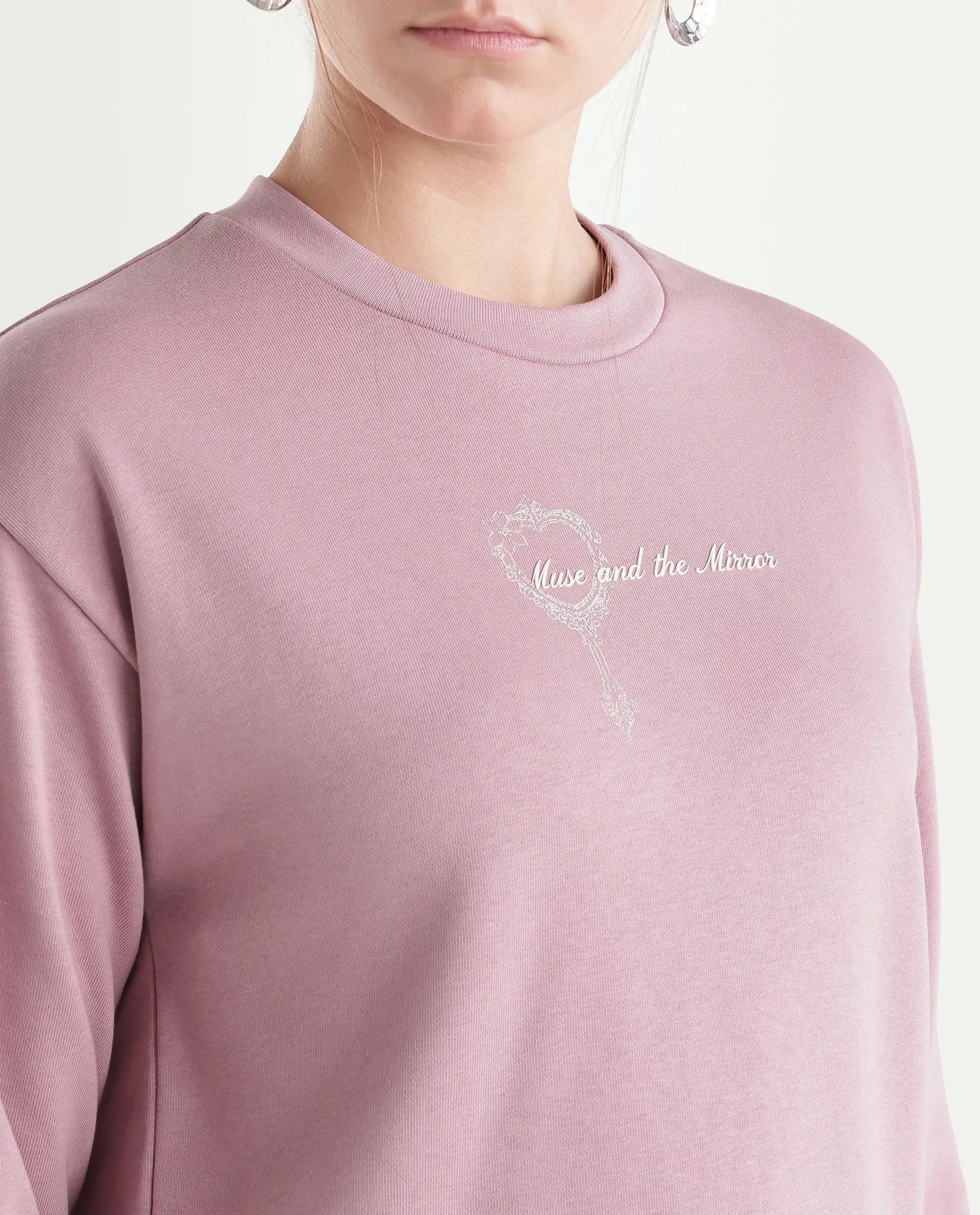 Rareism Women's Prim Dusky Pink Cotton Blend Pull-On Relaxed Fit Hd Print Sweatshirt
