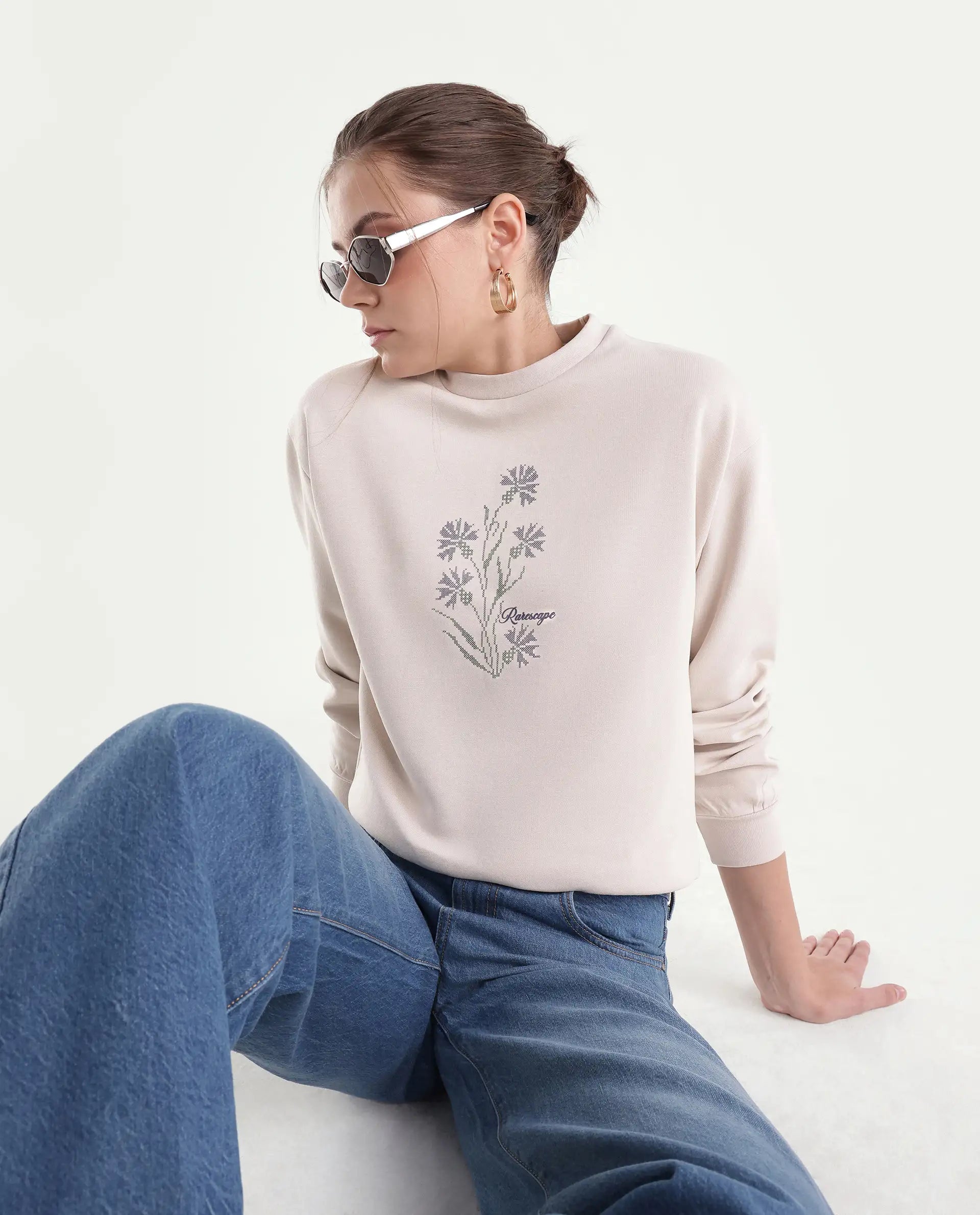 Rareism Women's Proof Light Beige Cotton Blend Pull-On Relaxed Fit Floral Print Sweatshirt