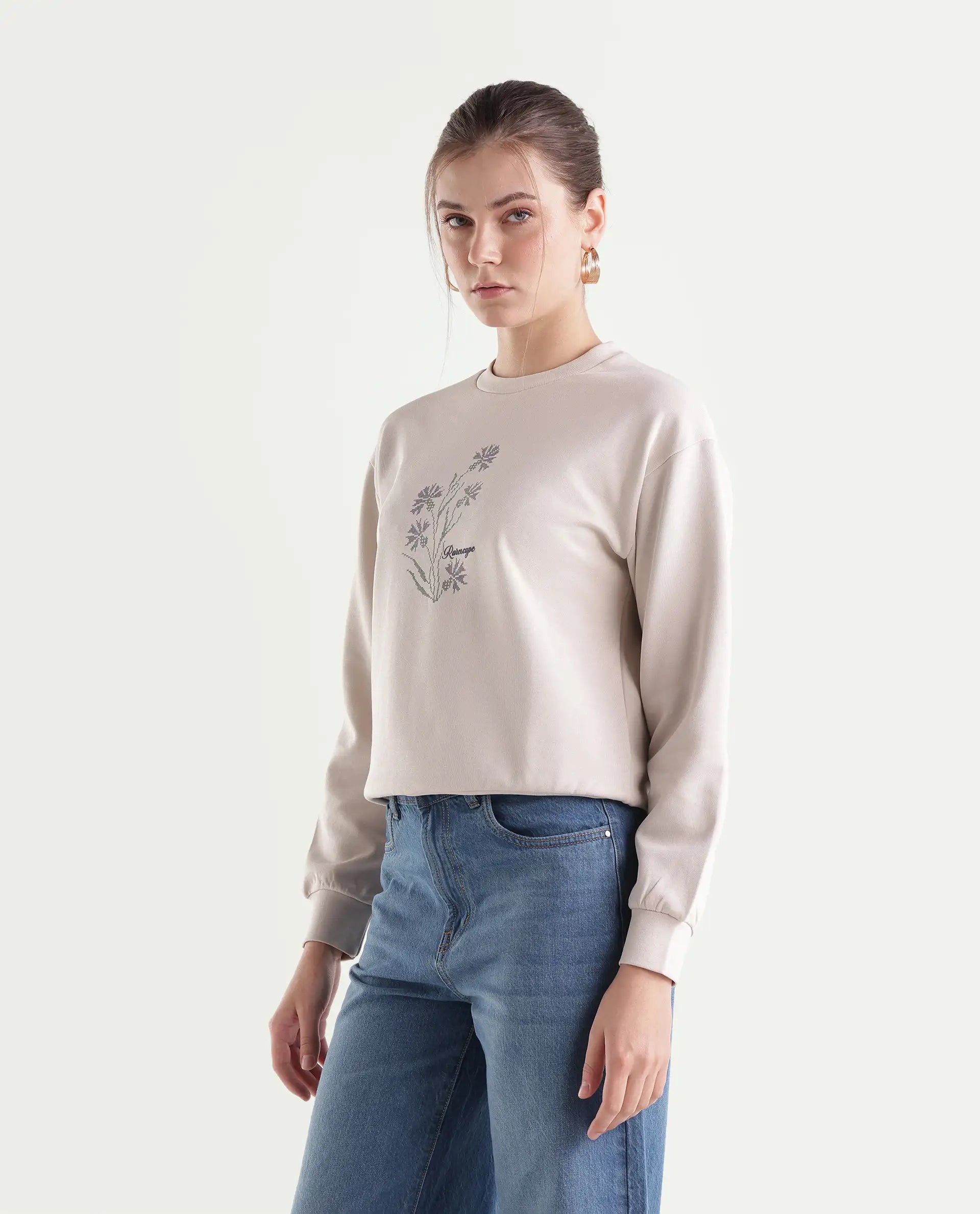 Rareism Women's Proof Light Beige Cotton Blend Pull-On Relaxed Fit Floral Print Sweatshirt