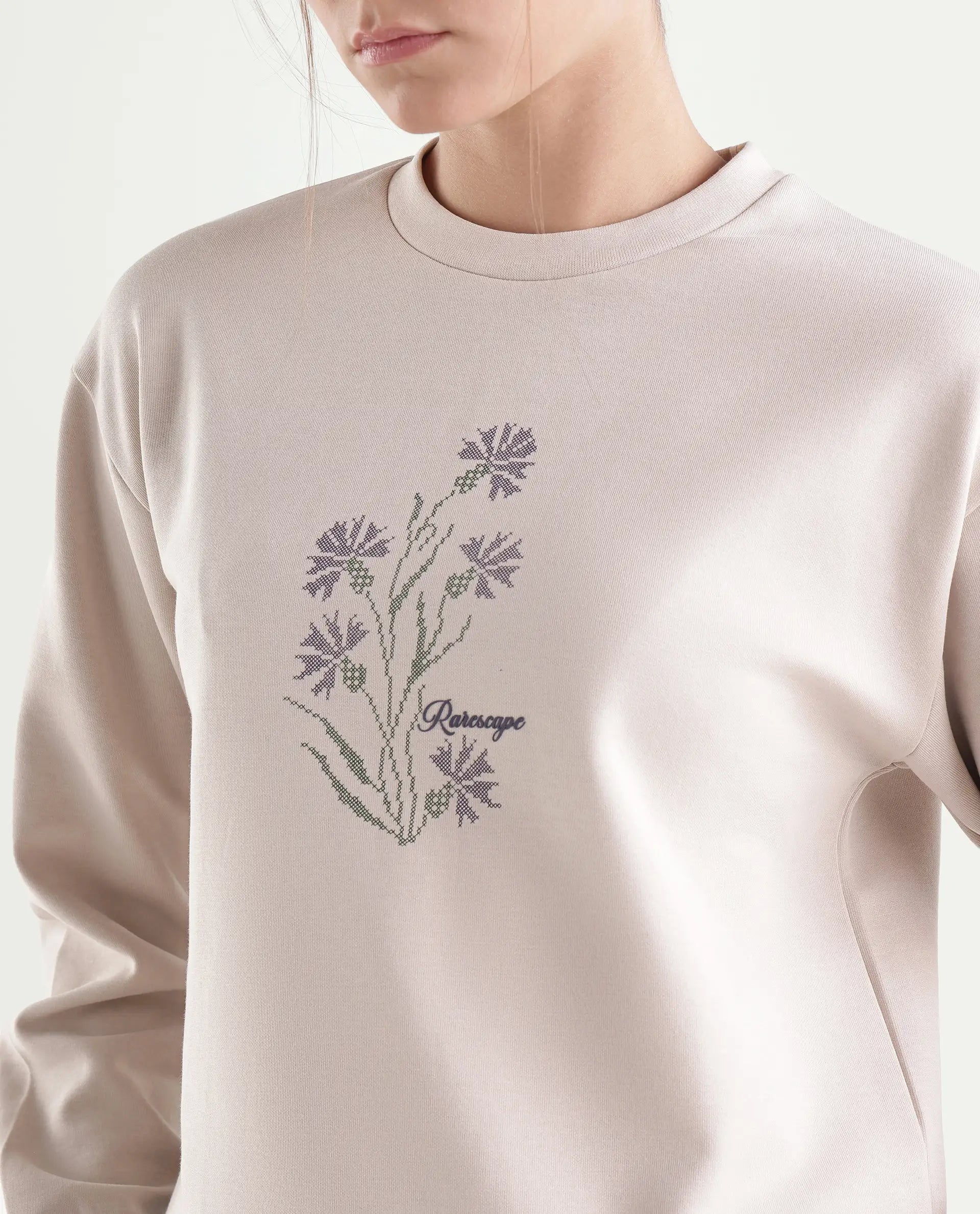 Rareism Women's Proof Light Beige Cotton Blend Pull-On Relaxed Fit Floral Print Sweatshirt