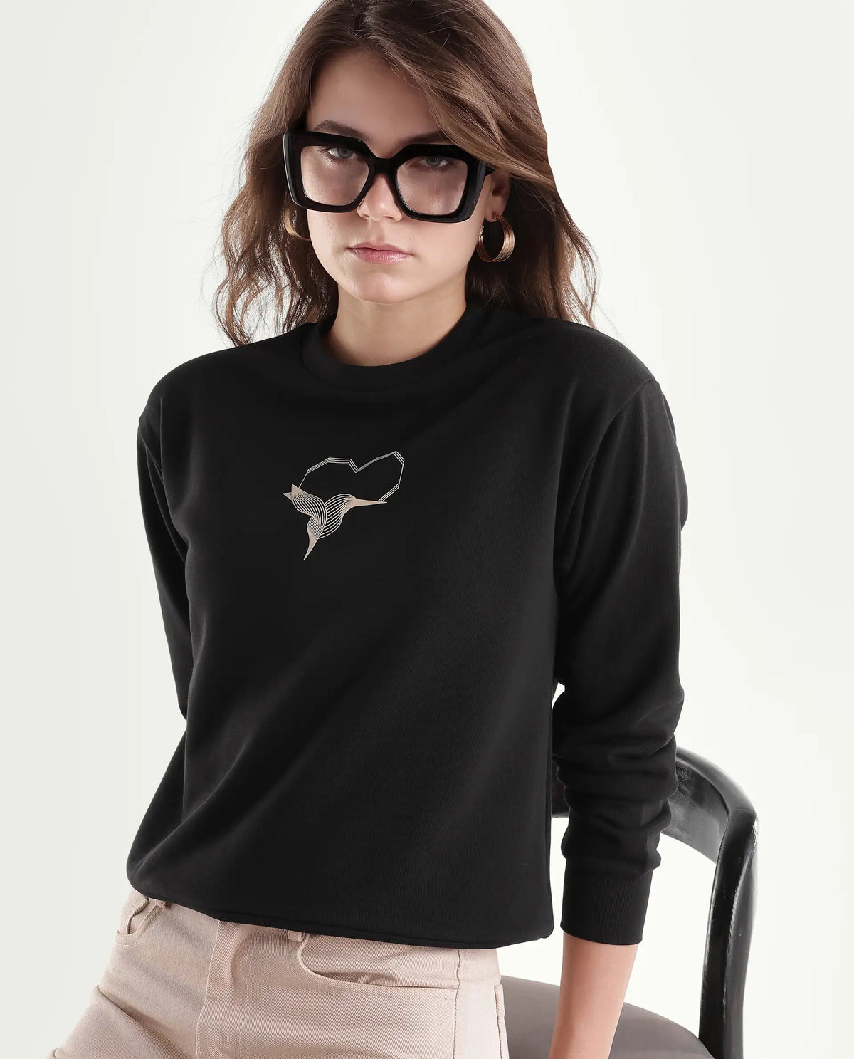 Rareism Women's Point Black Cotton Blend Pull-On Relaxed Fit Hd Print Sweatshirt
