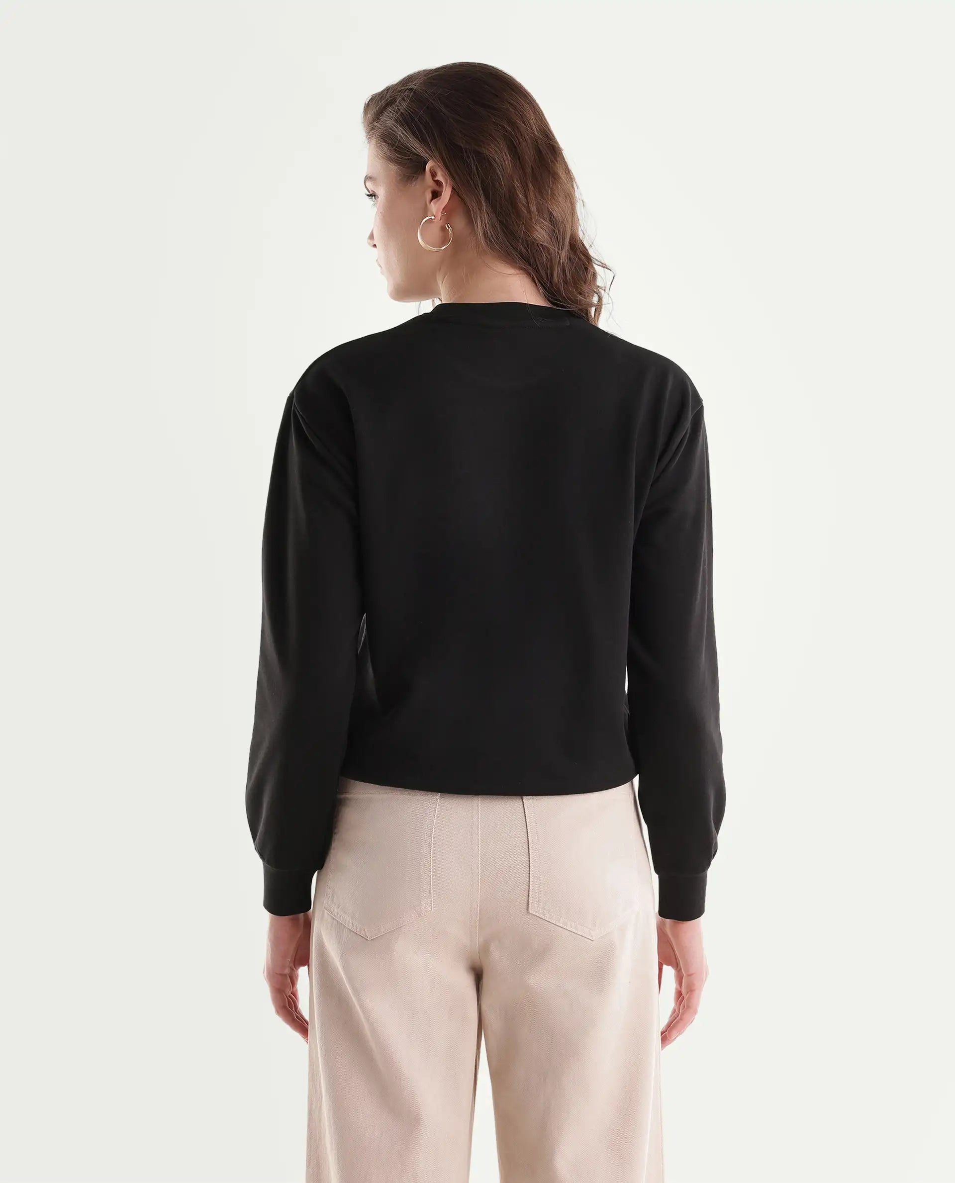Rareism Women's Point Black Cotton Blend Pull-On Relaxed Fit Hd Print Sweatshirt
