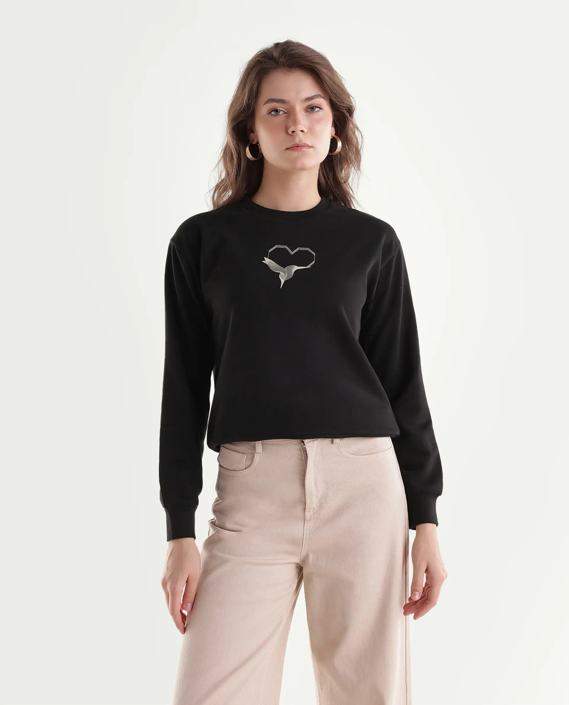 Rareism Women's Point Black Cotton Blend Pull-On Relaxed Fit Hd Print Sweatshirt
