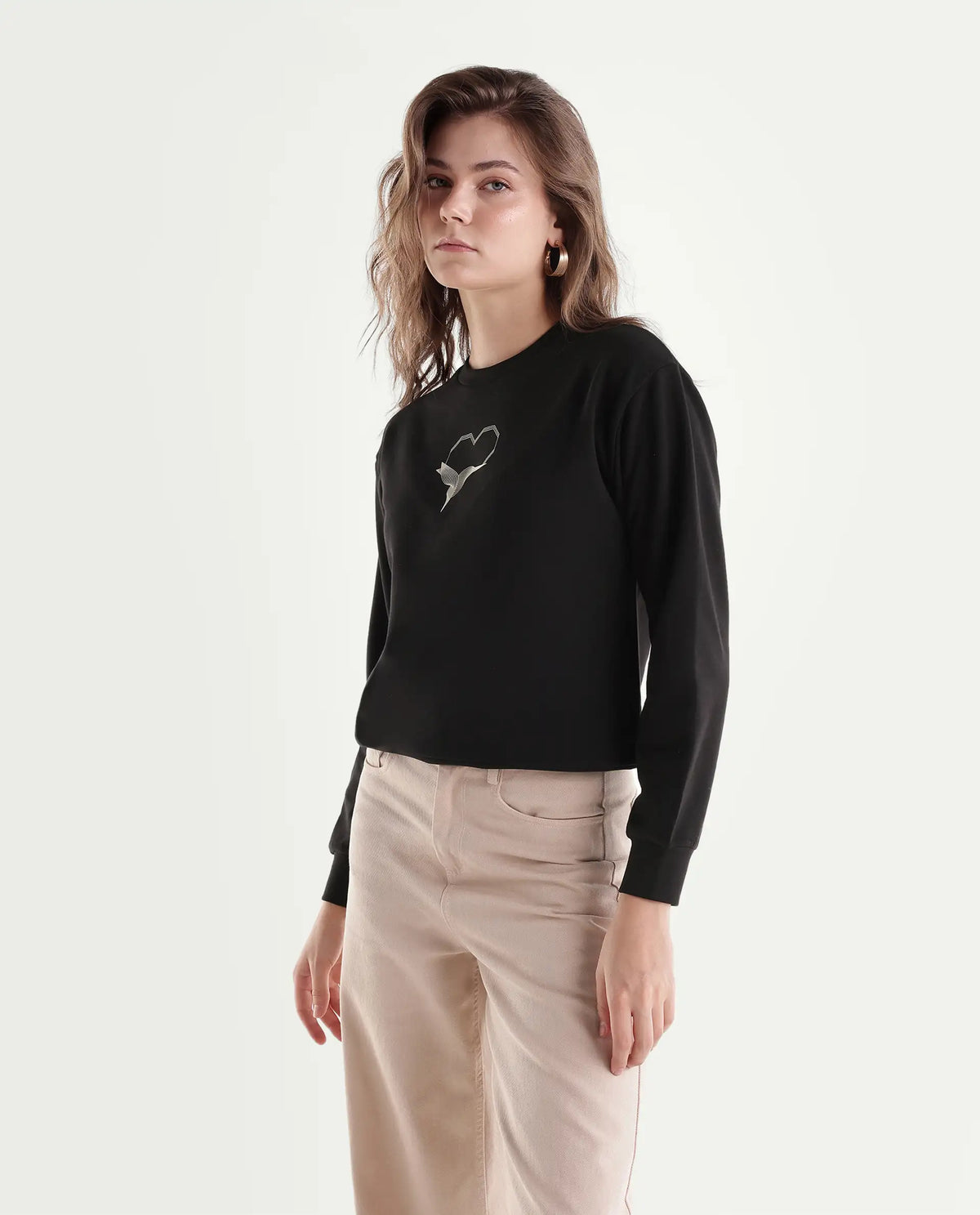 Rareism Women's Point Black Cotton Blend Pull-On Relaxed Fit Hd Print Sweatshirt