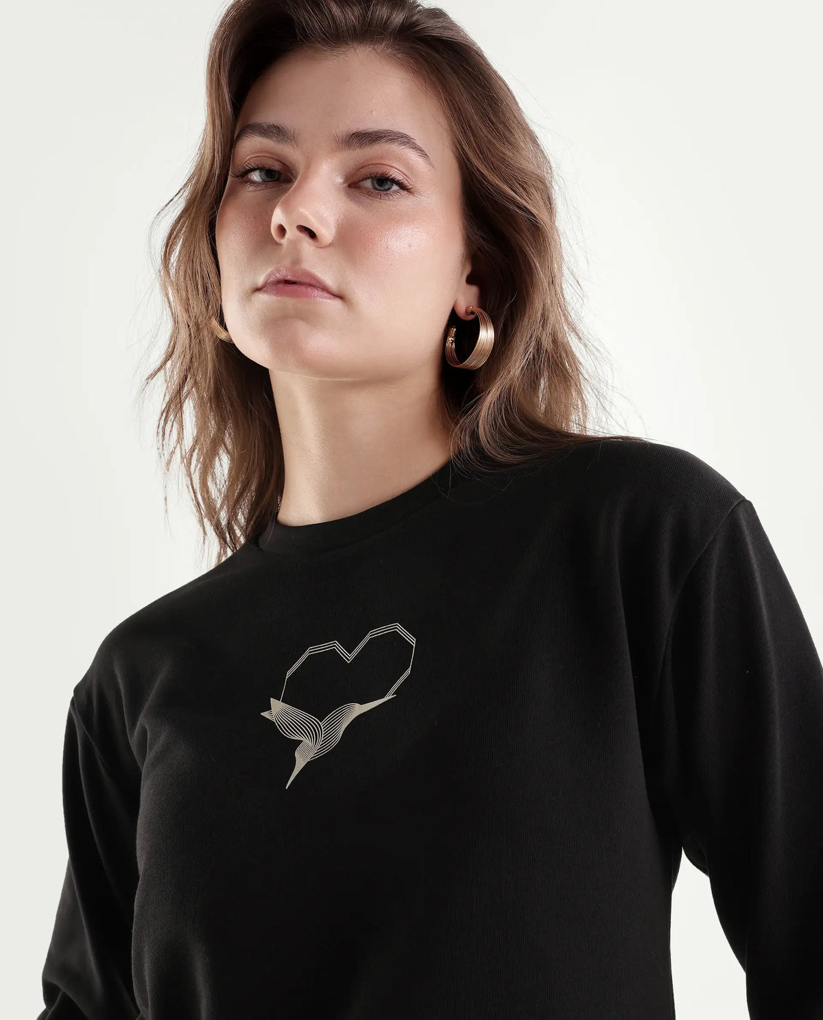 Rareism Women's Point Black Cotton Blend Pull-On Relaxed Fit Hd Print Sweatshirt