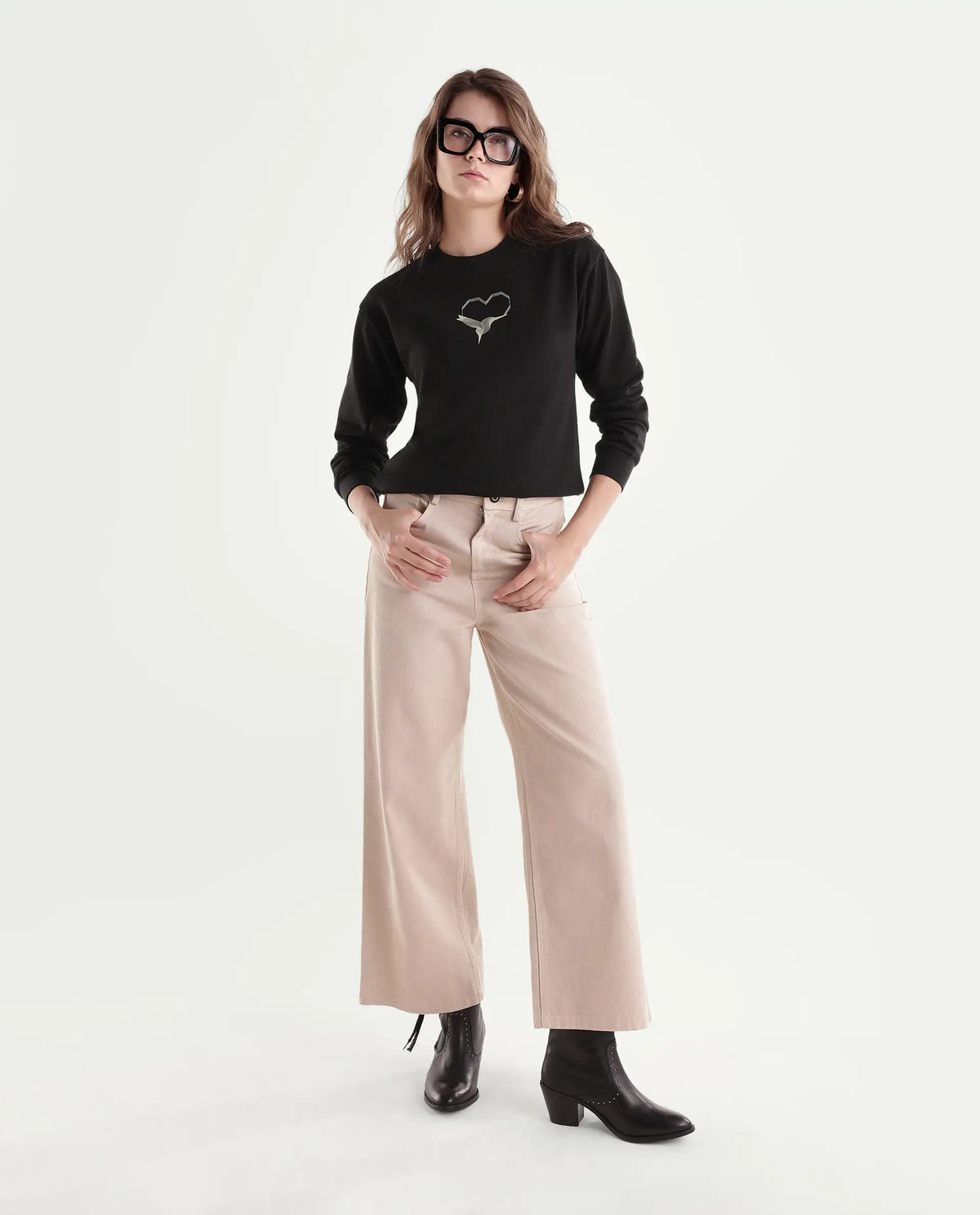 Rareism Women's Point Black Cotton Blend Pull-On Relaxed Fit Hd Print Sweatshirt
