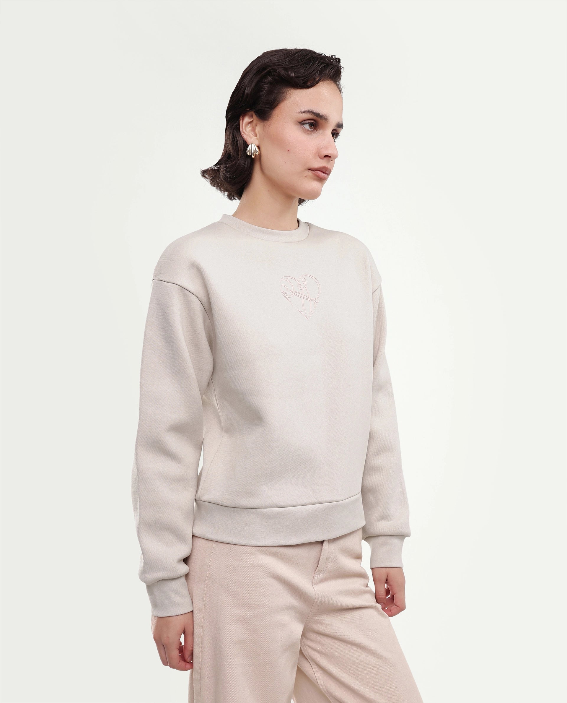 Rareism Women's Poker Light Beige Cotton Blend Pull-On Relaxed Fit Hd Print Sweatshirt