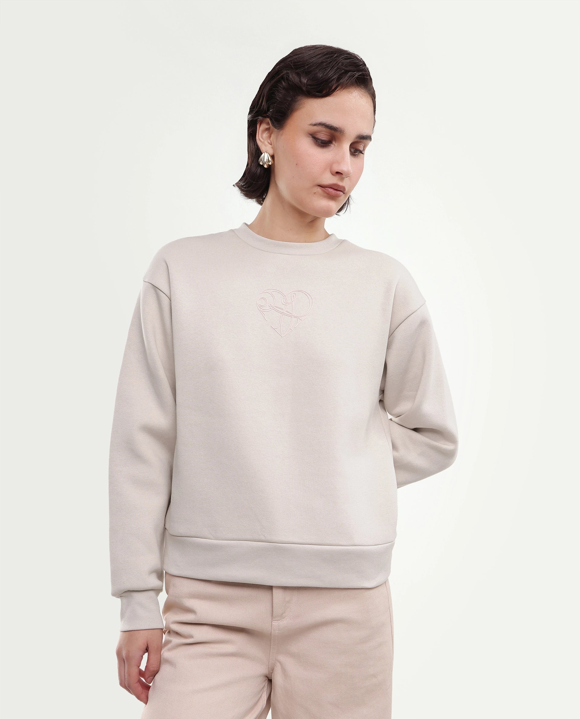 Rareism Women's Poker Light Beige Cotton Blend Pull-On Relaxed Fit Hd Print Sweatshirt