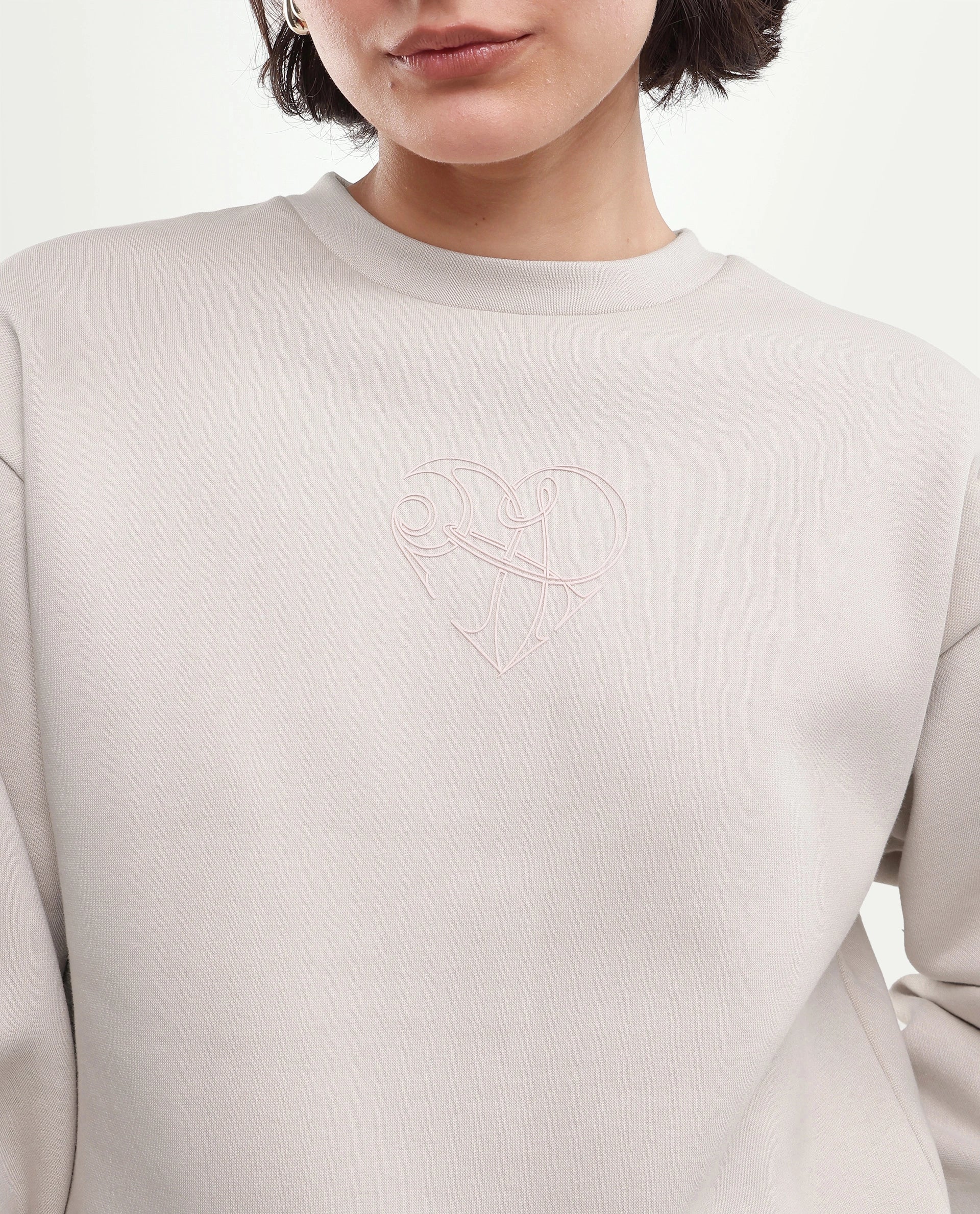 Rareism Women's Poker Light Beige Cotton Blend Pull-On Relaxed Fit Hd Print Sweatshirt