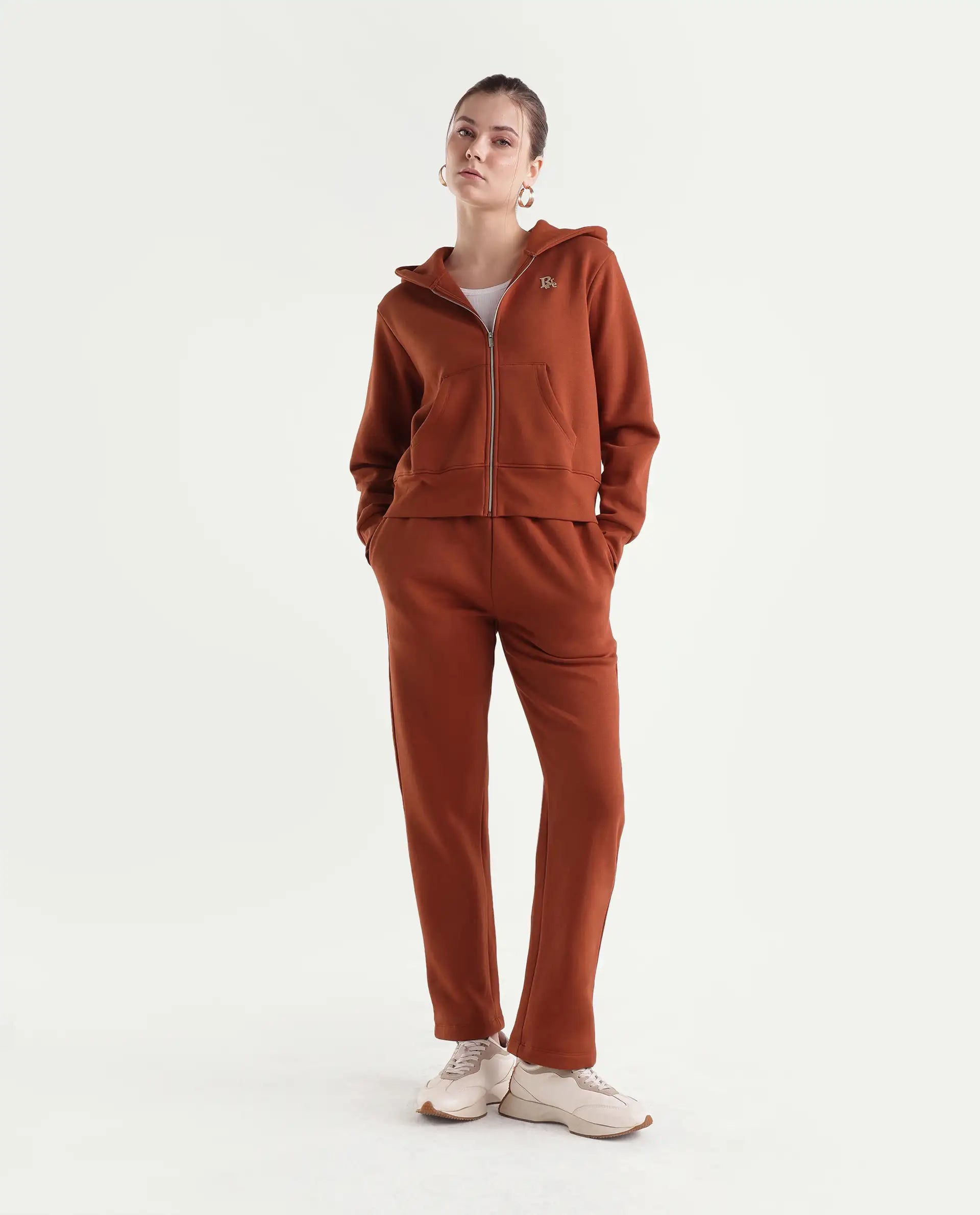 Rareism Women's Pod-B Dark Orange Cotton Blend Tapered Track Pant