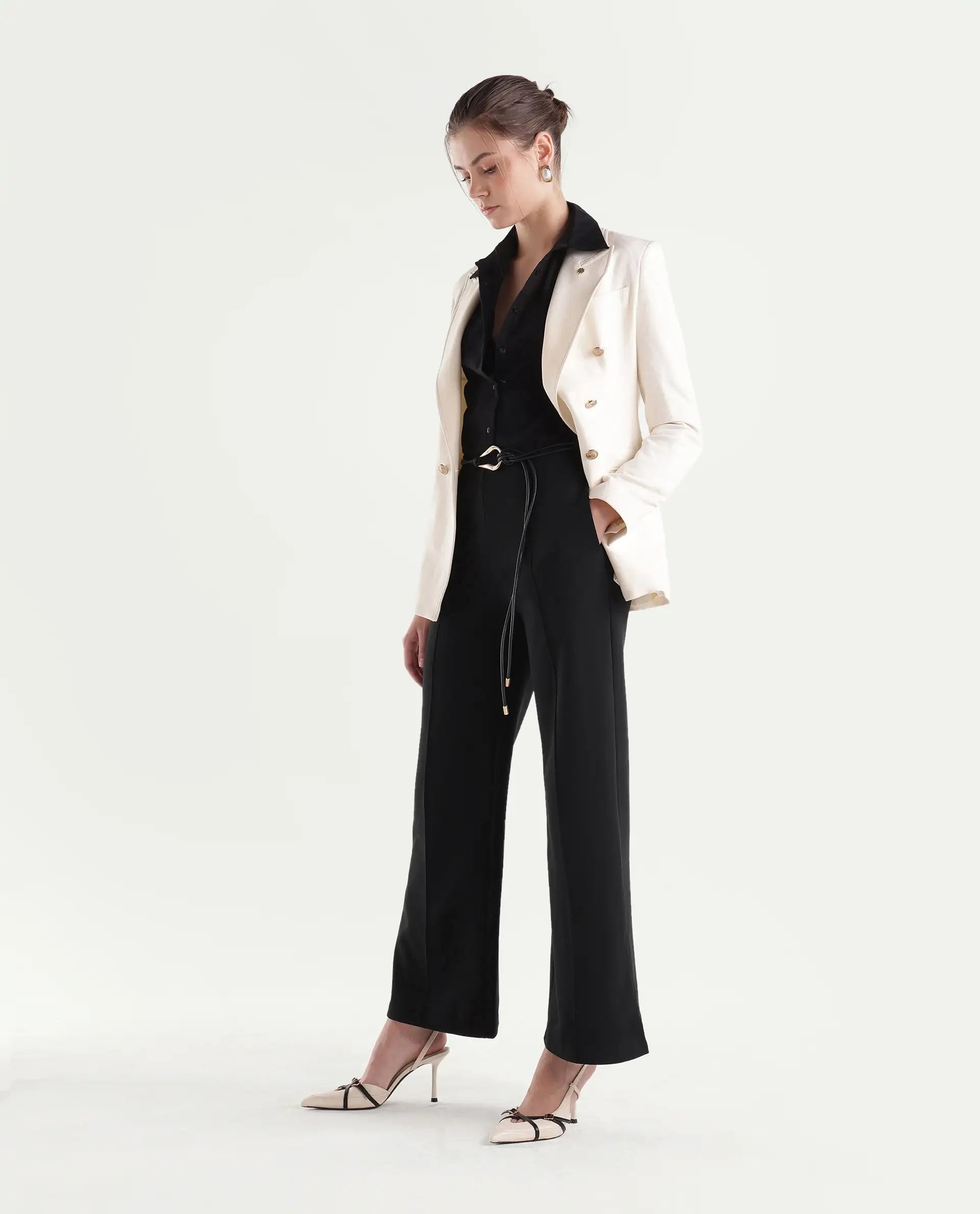 Rareism Women's Pound-B Black Cotton Blend Elastic Straight Track Pant