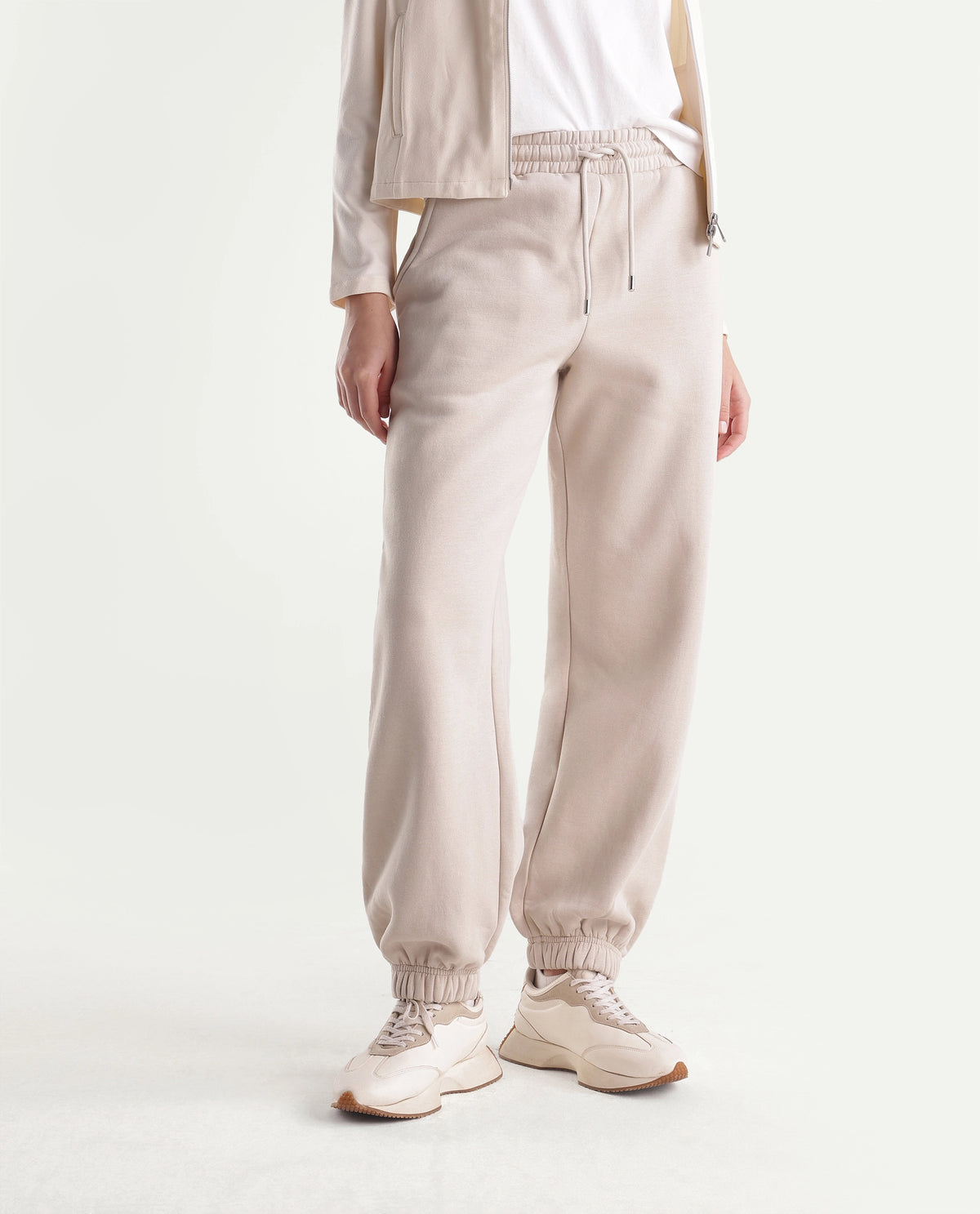 Rareism Women's Parka-B Light Beige Cotton Blend Drawstring Jogger Track Pant