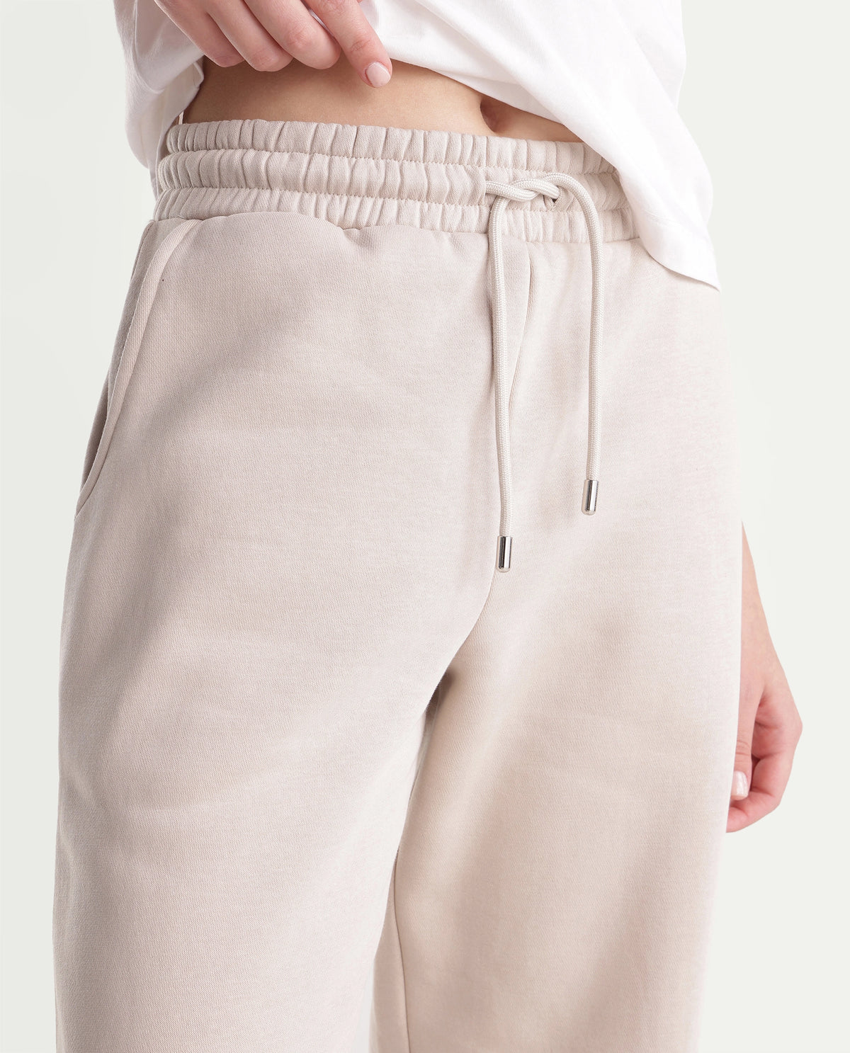Rareism Women's Parka-B Light Beige Cotton Blend Drawstring Jogger Track Pant
