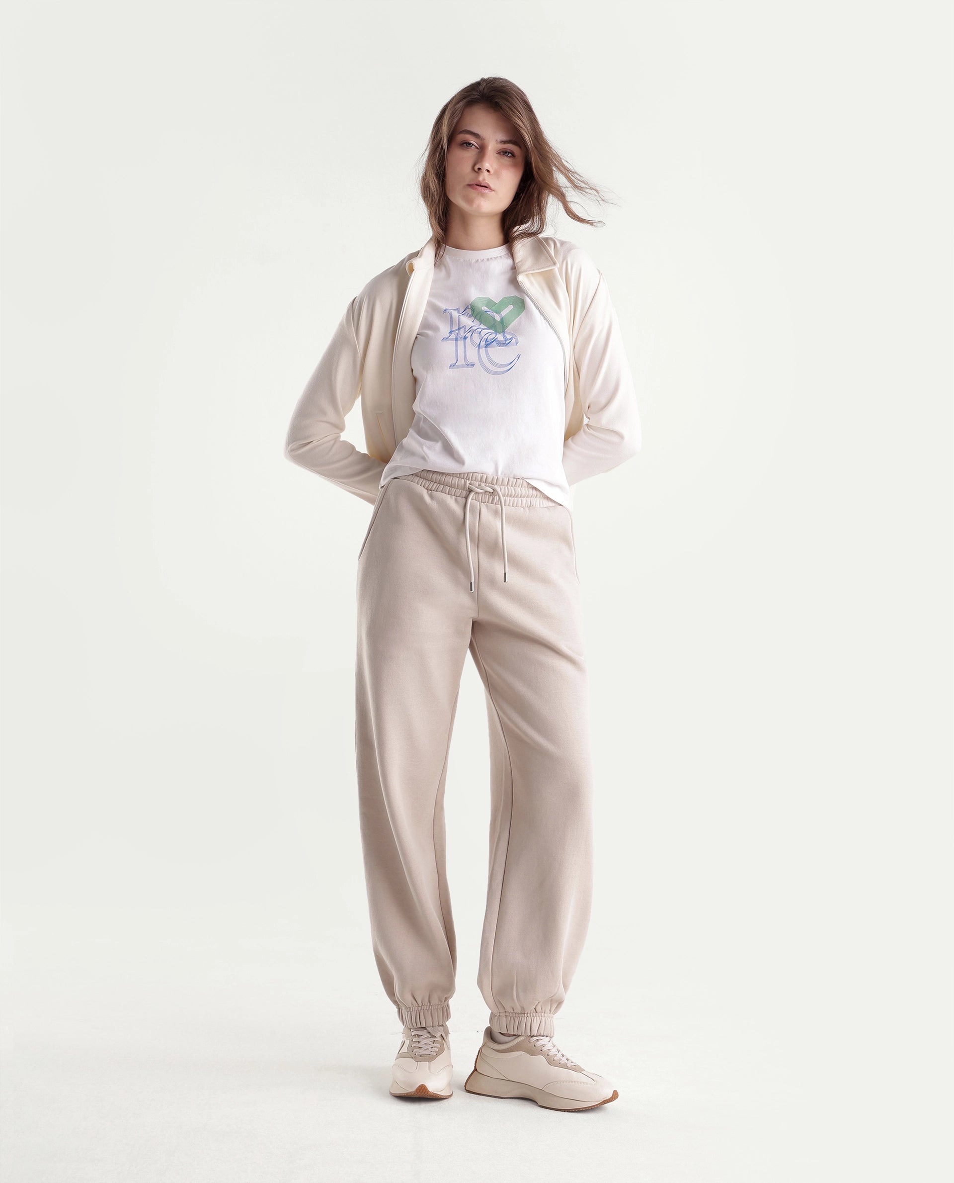 Rareism Women's Parka-B Light Beige Cotton Blend Drawstring Jogger Track Pant