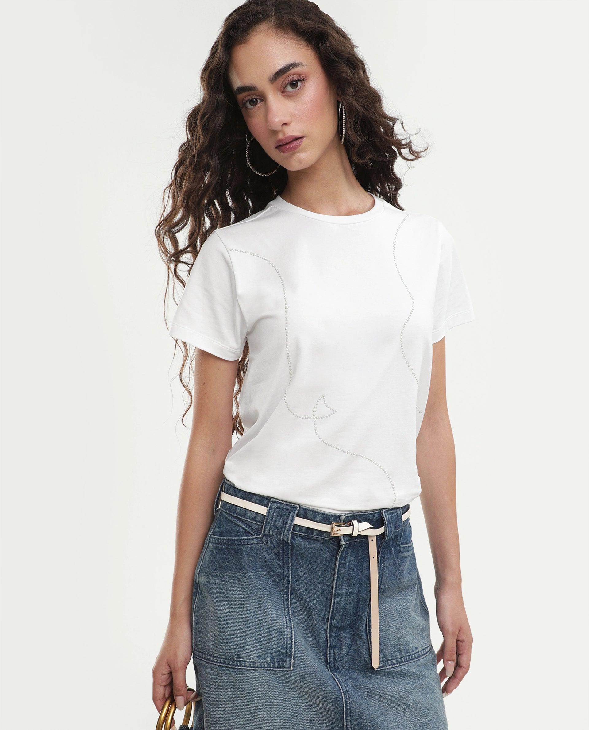 Rareism Women's Pox Off White Solid Cotton Blend Regular Short Sleeves T-Shirt