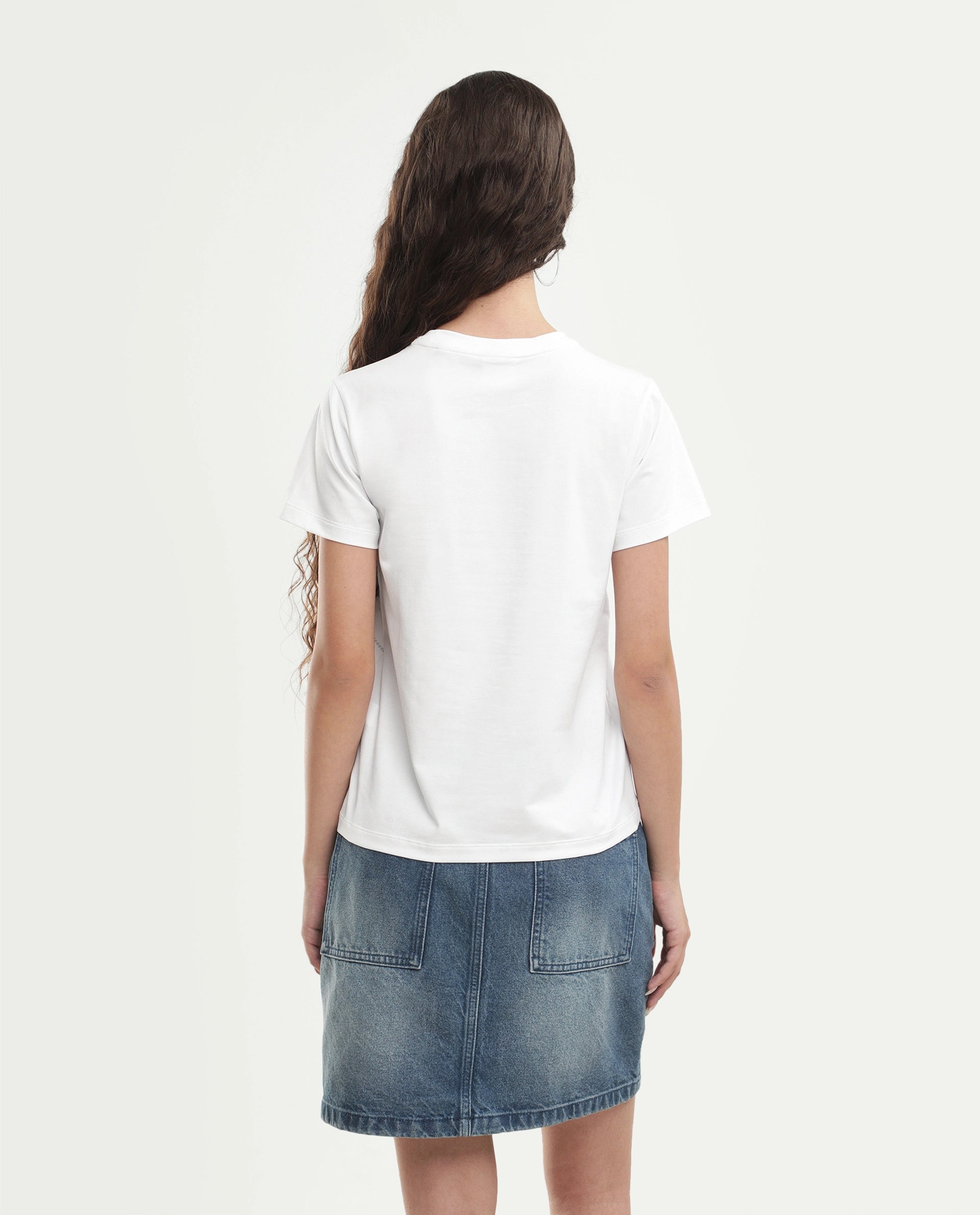Rareism Women's Pox Off White Solid Cotton Blend Regular Short Sleeves T-Shirt