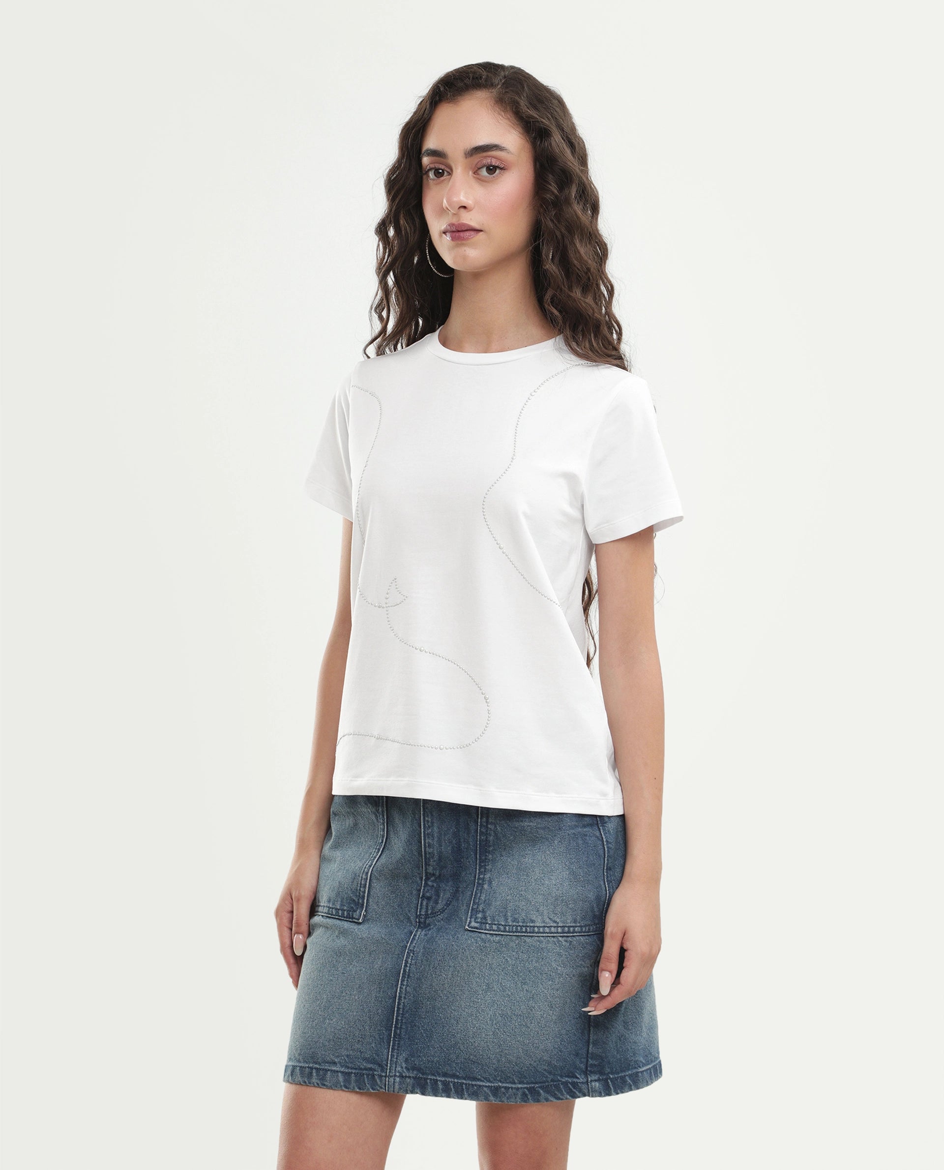 Rareism Women's Pox Off White Solid Cotton Blend Regular Short Sleeves T-Shirt