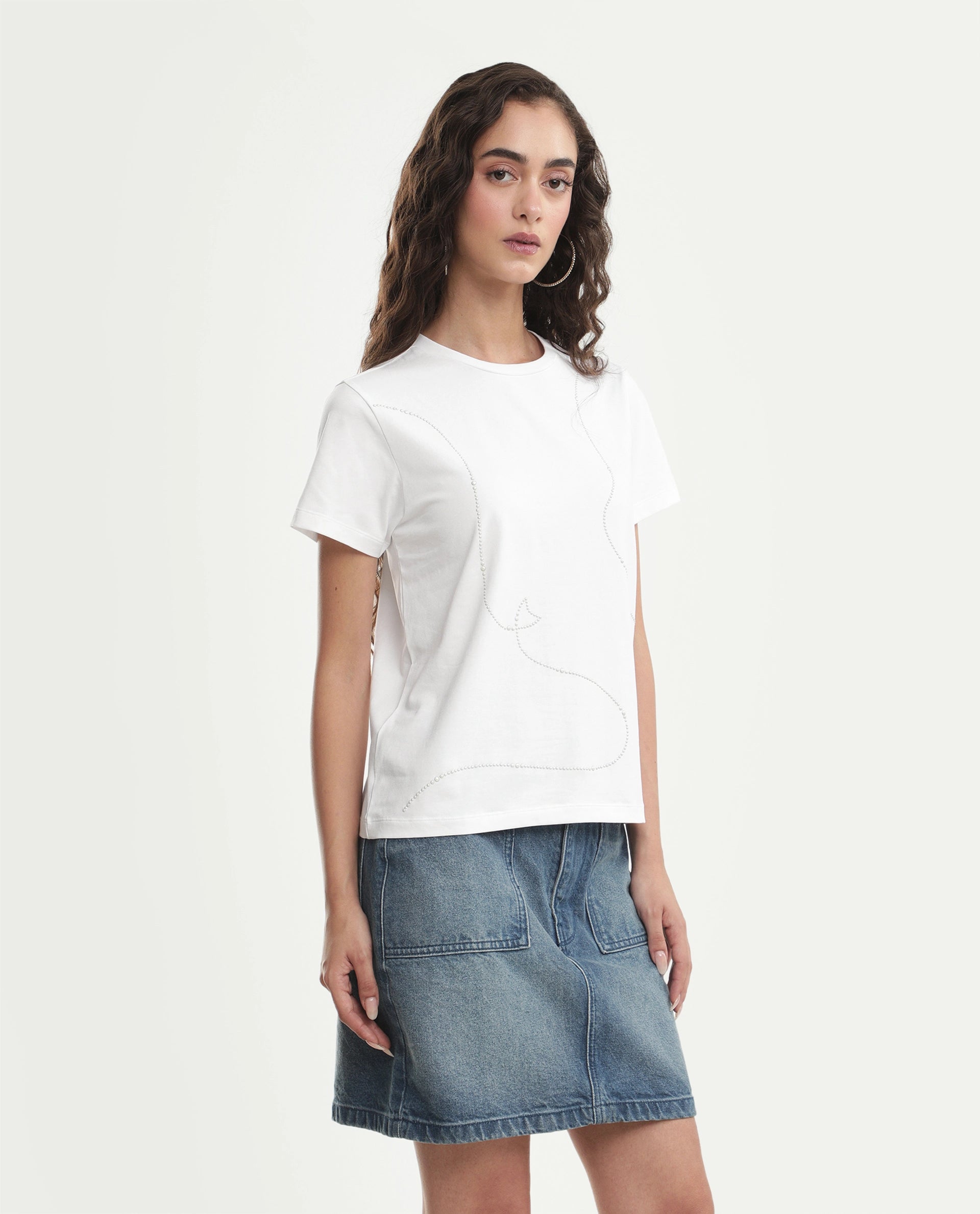 Rareism Women's Pox Off White Solid Cotton Blend Regular Short Sleeves T-Shirt