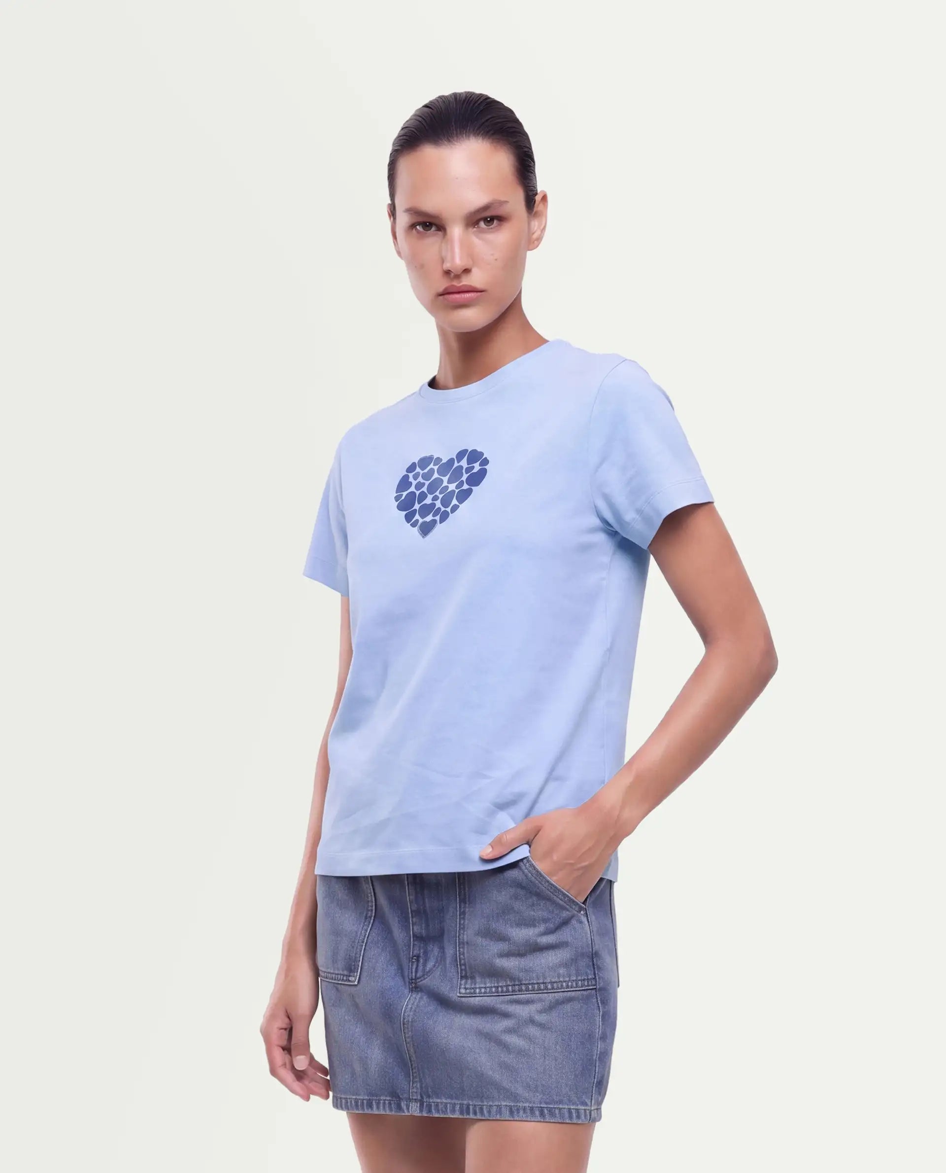 Rareism Women's Packz Light Blue Cotton Blend Pull-On Regular Fit Printed T-Shirt
