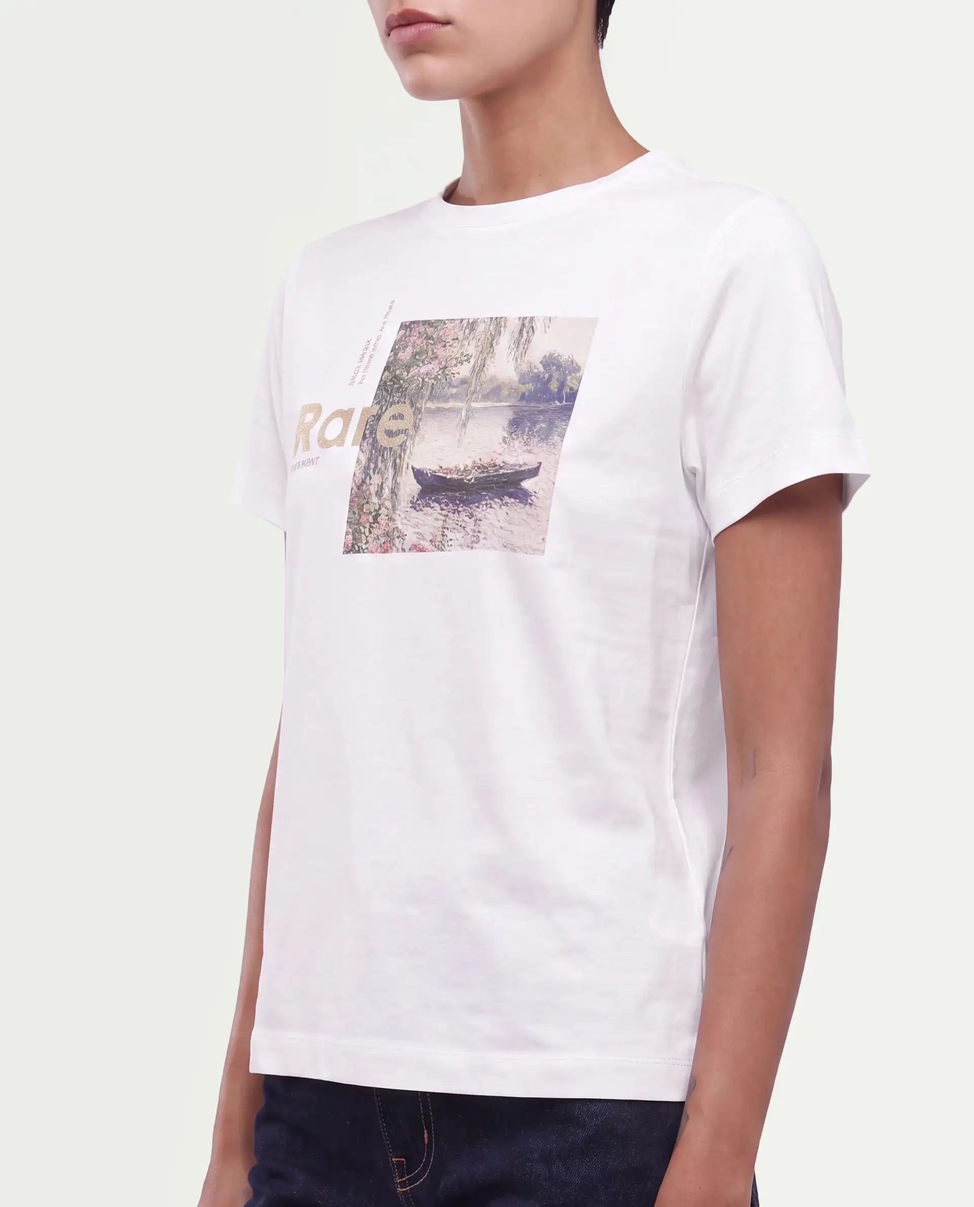 Rareism Women's Pitch Off White Cotton Blend Pull-On Regular Fit Digital Print T-Shirt