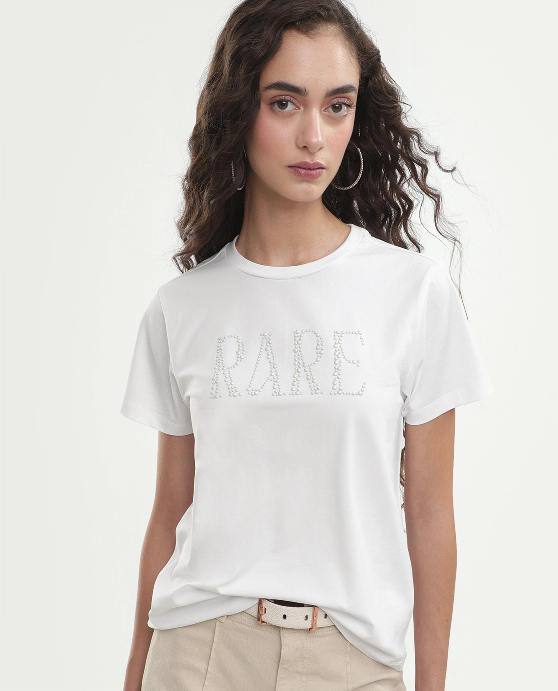 Rareism Women's Pearlo Off White Cotton Blend Pull-On Regular Fit Printed T-Shirt