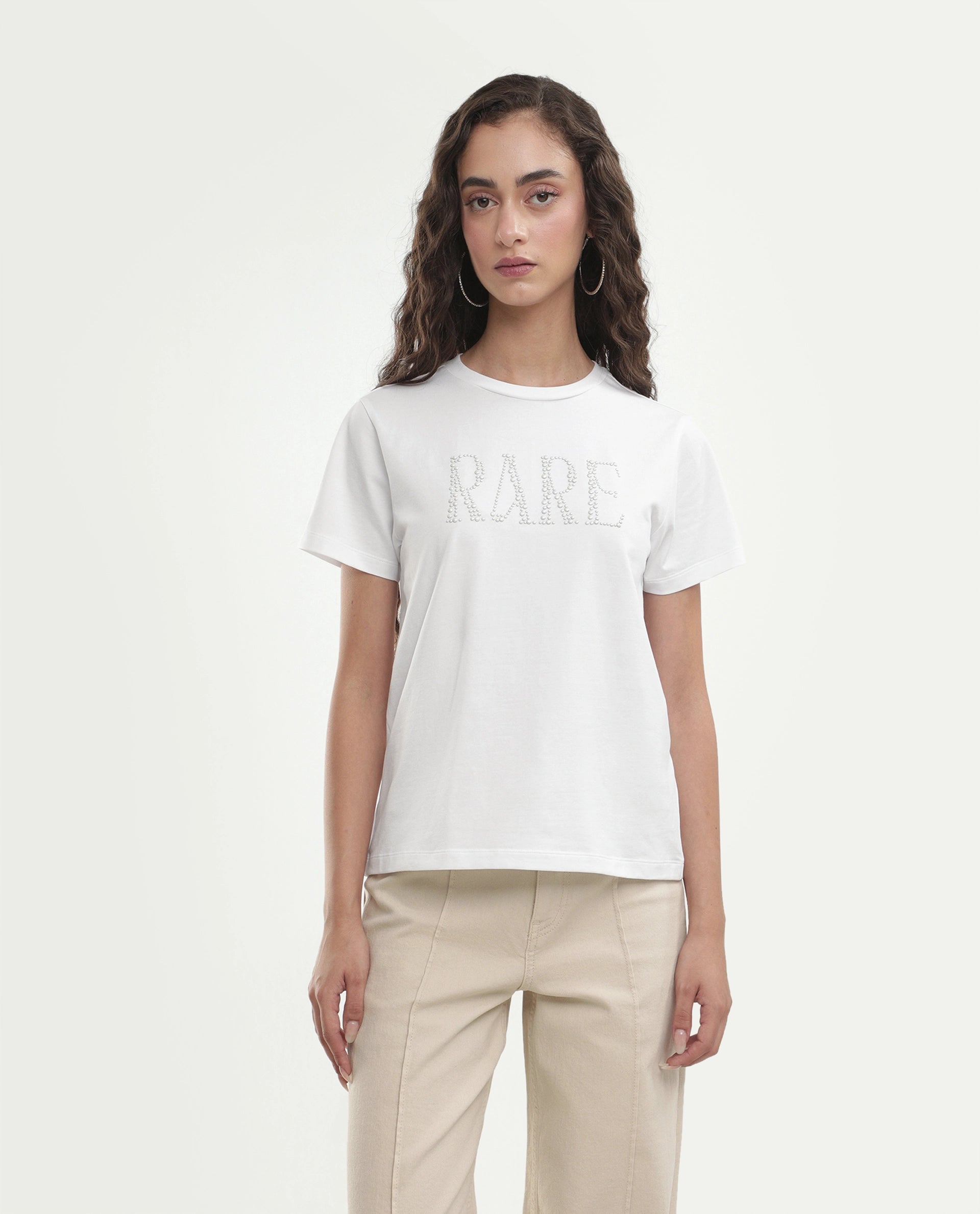 Rareism Women's Pearlo Off White Cotton Blend Pull-On Regular Fit Printed T-Shirt