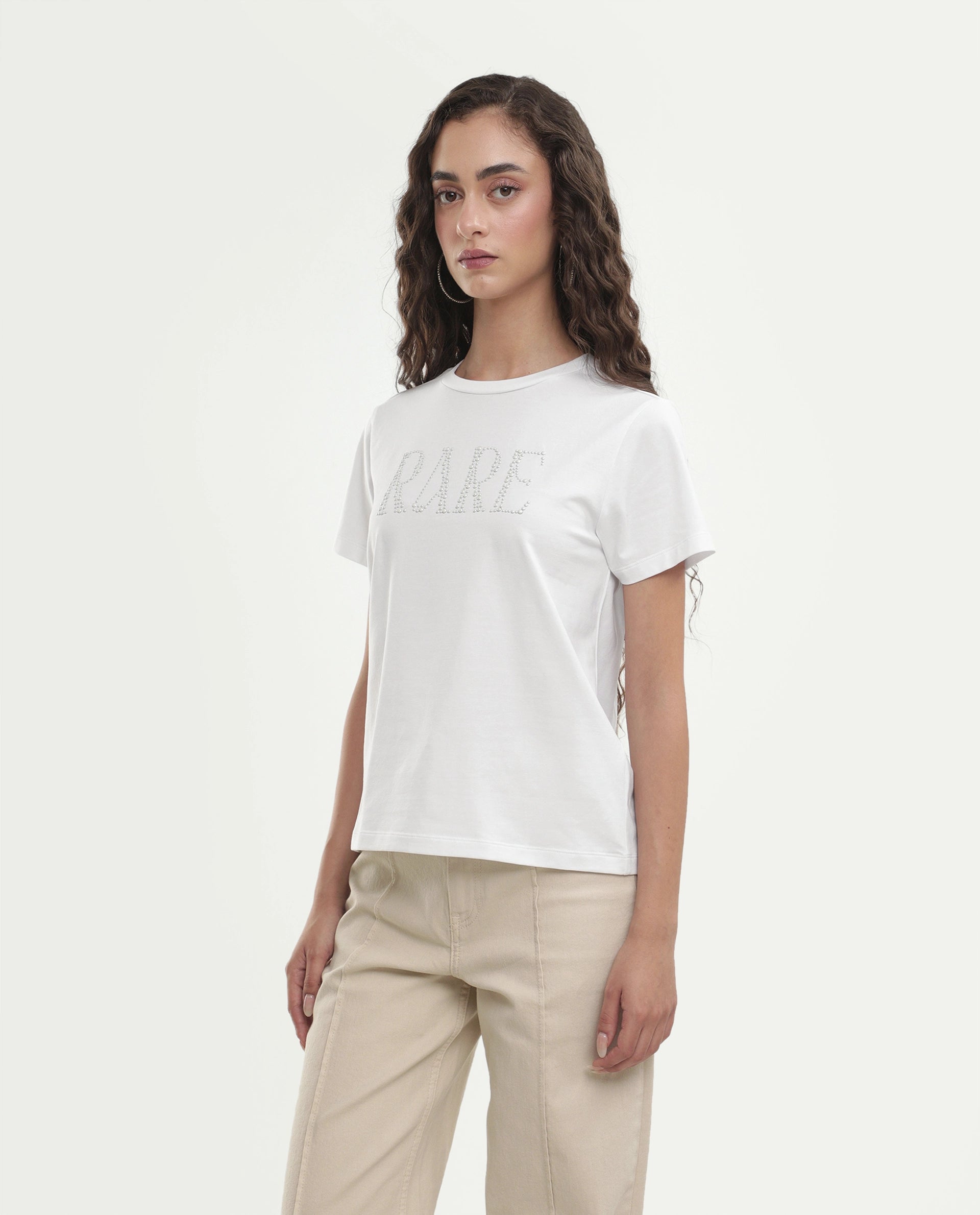 Rareism Women's Pearlo Off White Cotton Blend Pull-On Regular Fit Printed T-Shirt