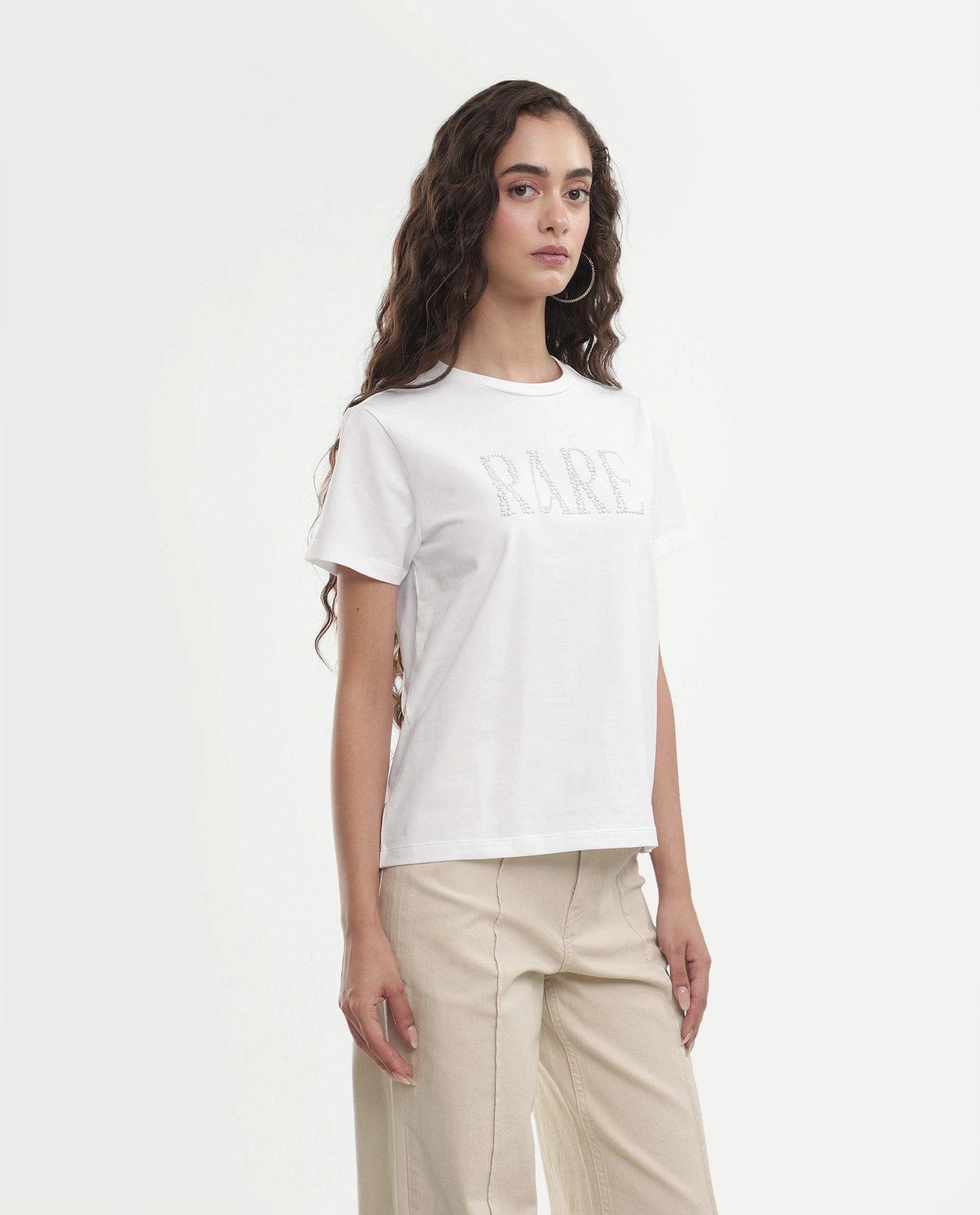 Rareism Women's Pearlo Off White Cotton Blend Pull-On Regular Fit Printed T-Shirt